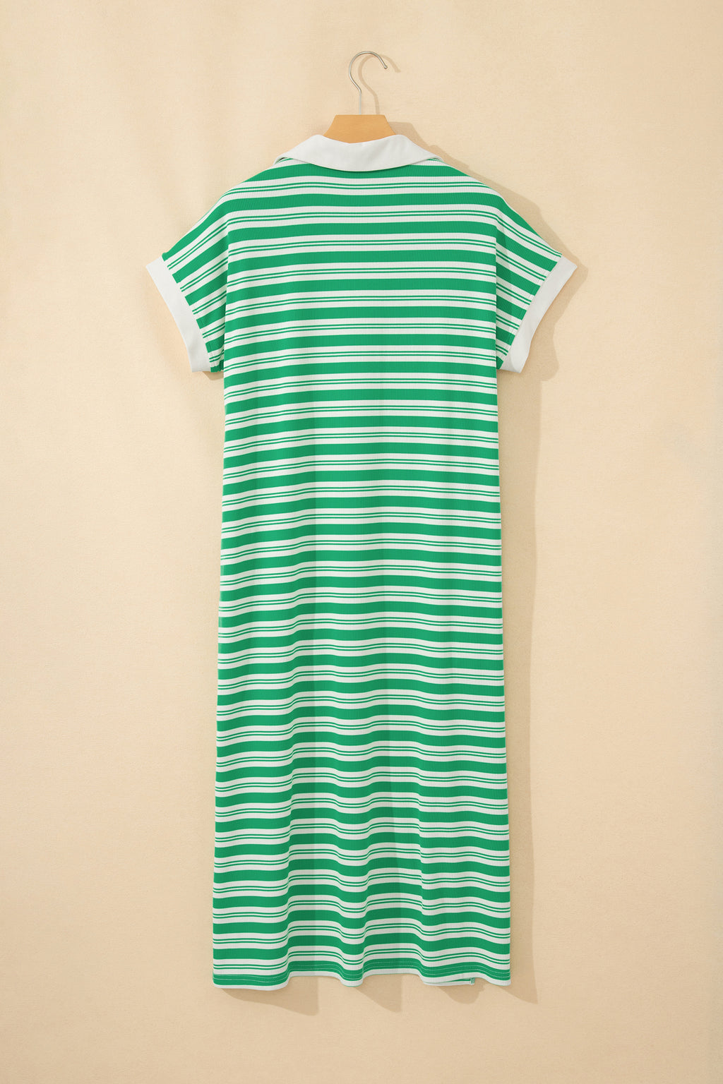 Shop Women's Stripe Collared V-Neck Short Sleeve T-Shirt Midi Dress Pockets Green at LivelyLooks