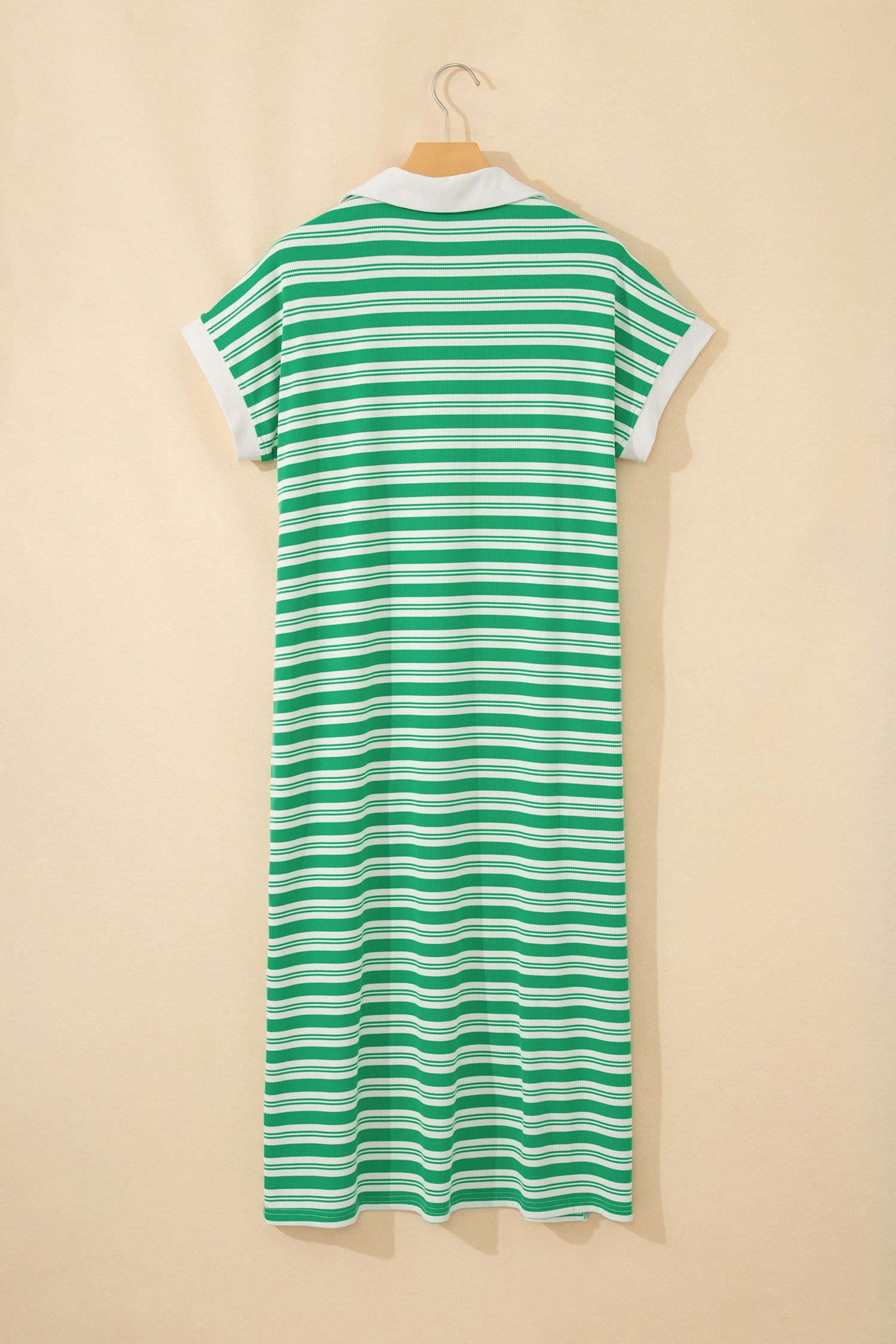 Shop Women's Stripe Collared V-Neck Short Sleeve T-Shirt Midi Dress Pockets Green at LivelyLooks