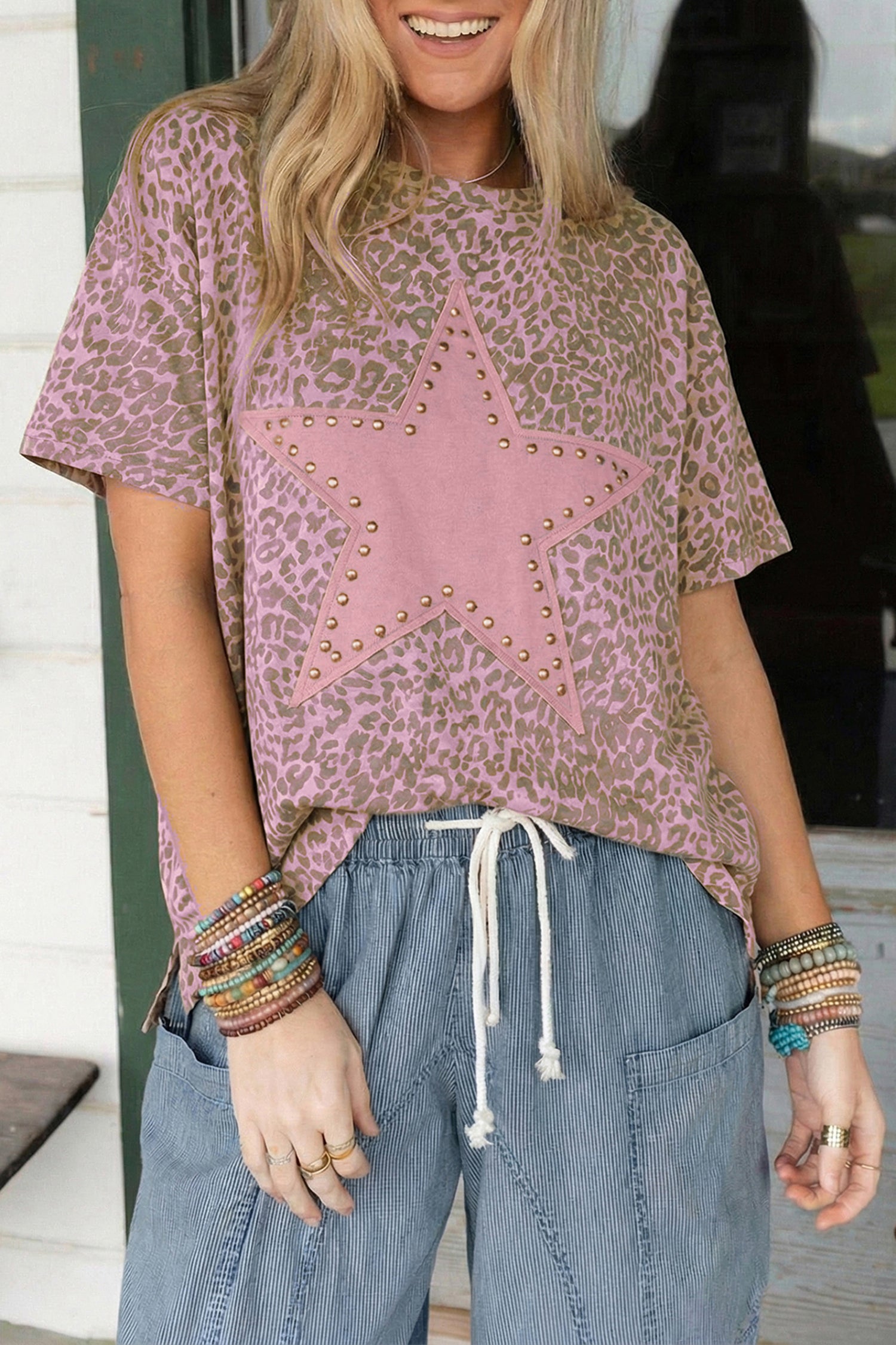 LivelyLooks Khaki Leopard Retro Studded Star Patch Loose Tee Animal Print T-Shirt Boho Top women's fashion