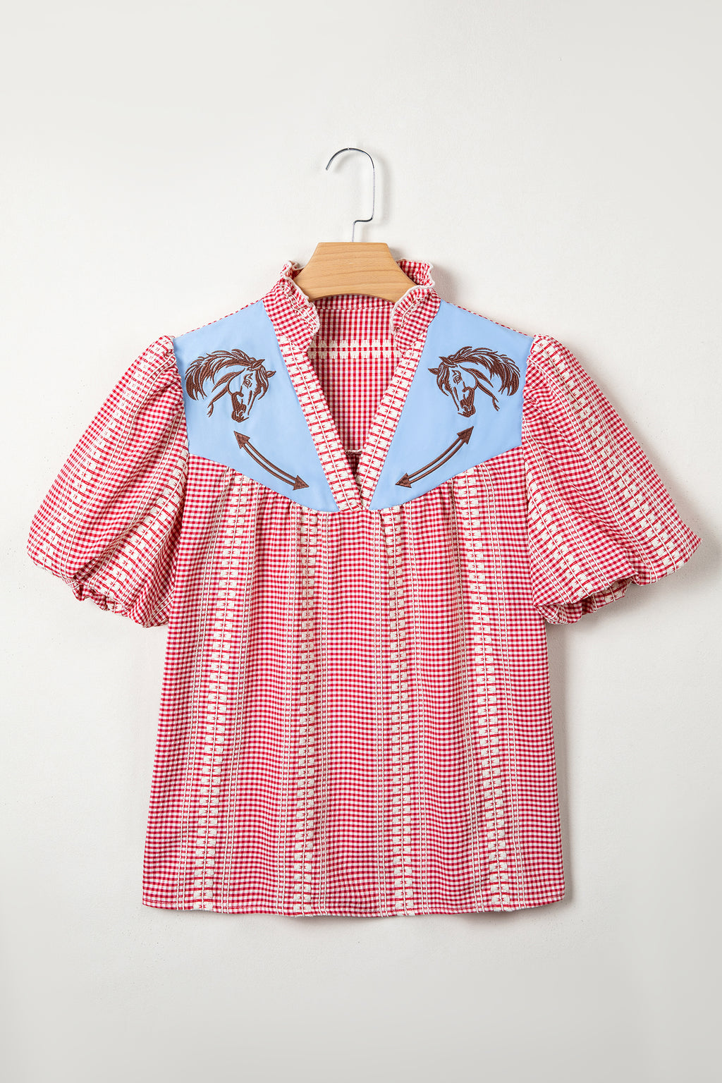 Red Brown Western Gingham Blouse Pony Embroidered Puff Sleeve S-XL