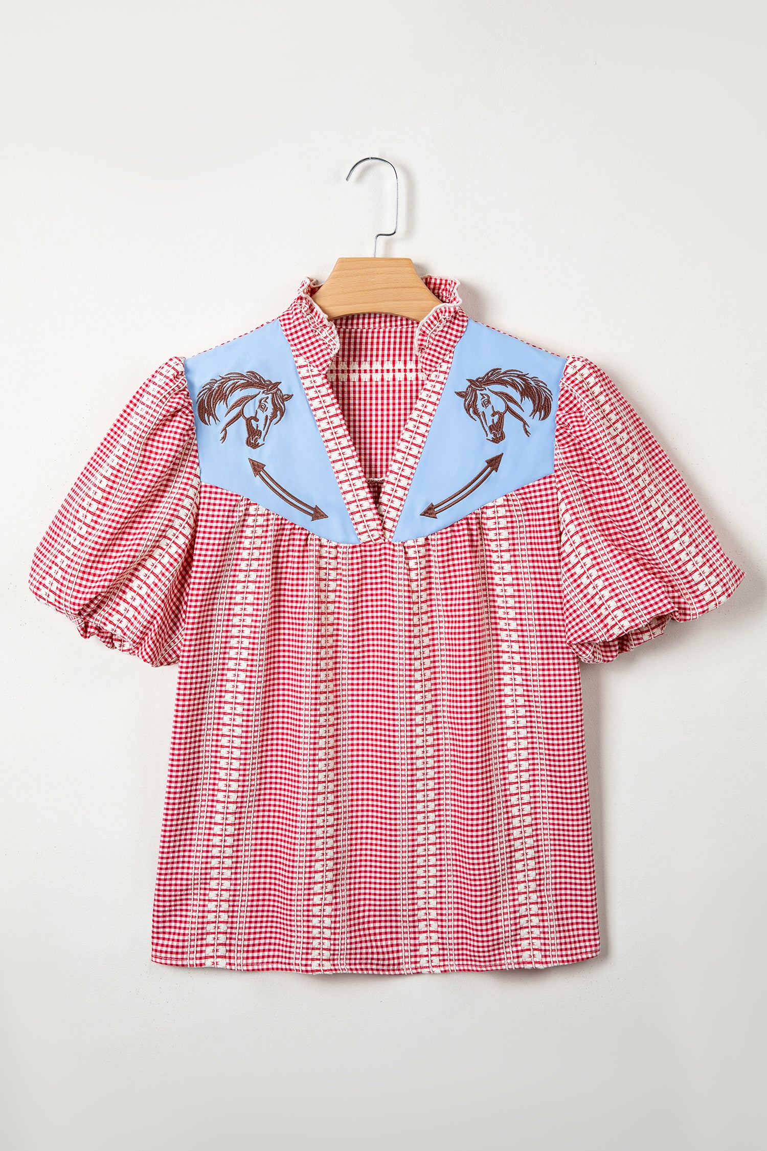 Red Brown Western Gingham Blouse Pony Embroidered Puff Sleeve S-XL