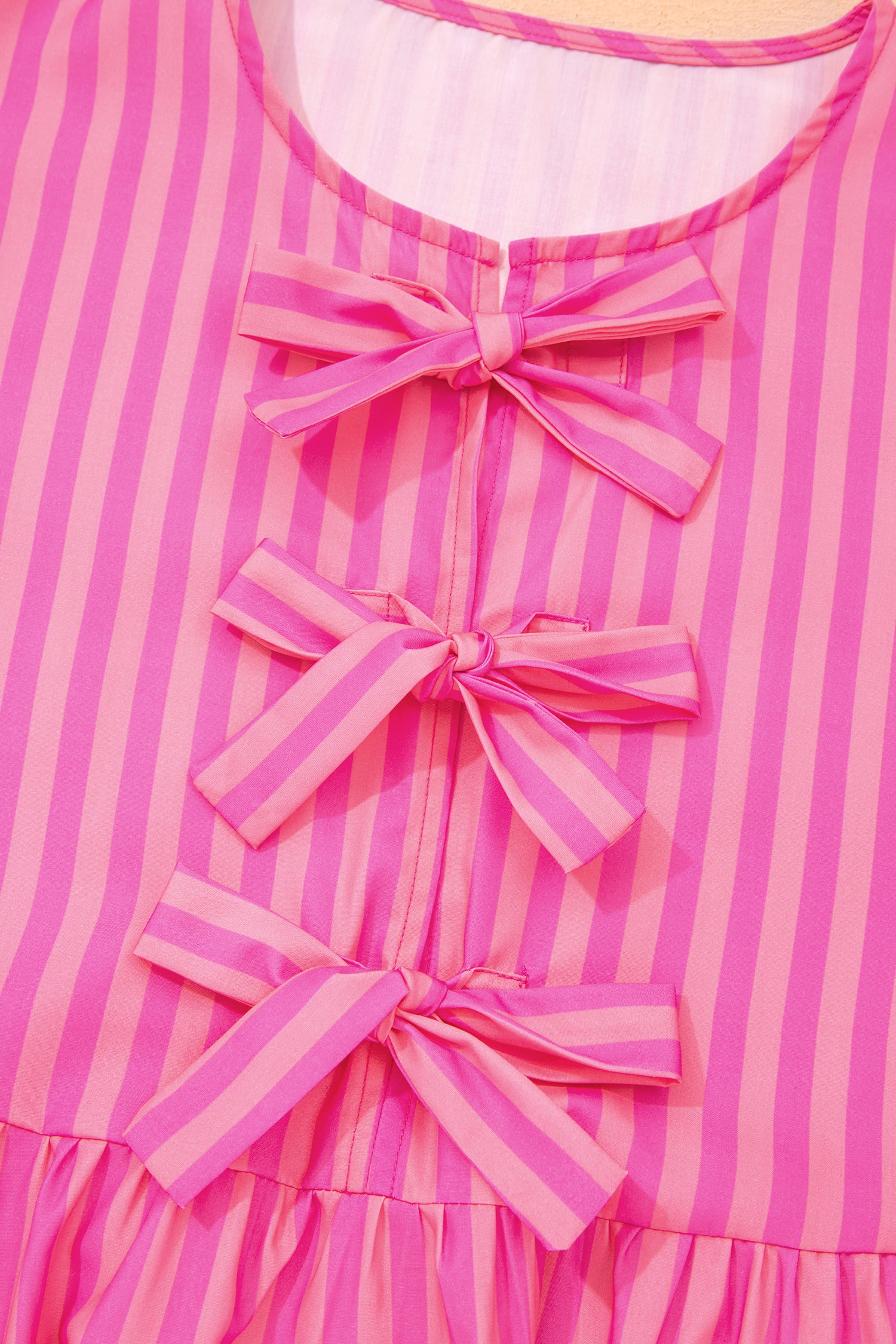 Women's Pink Striped Print Bow Detail Puff Sleeve Mini Dress S-XL at LivelyLooks