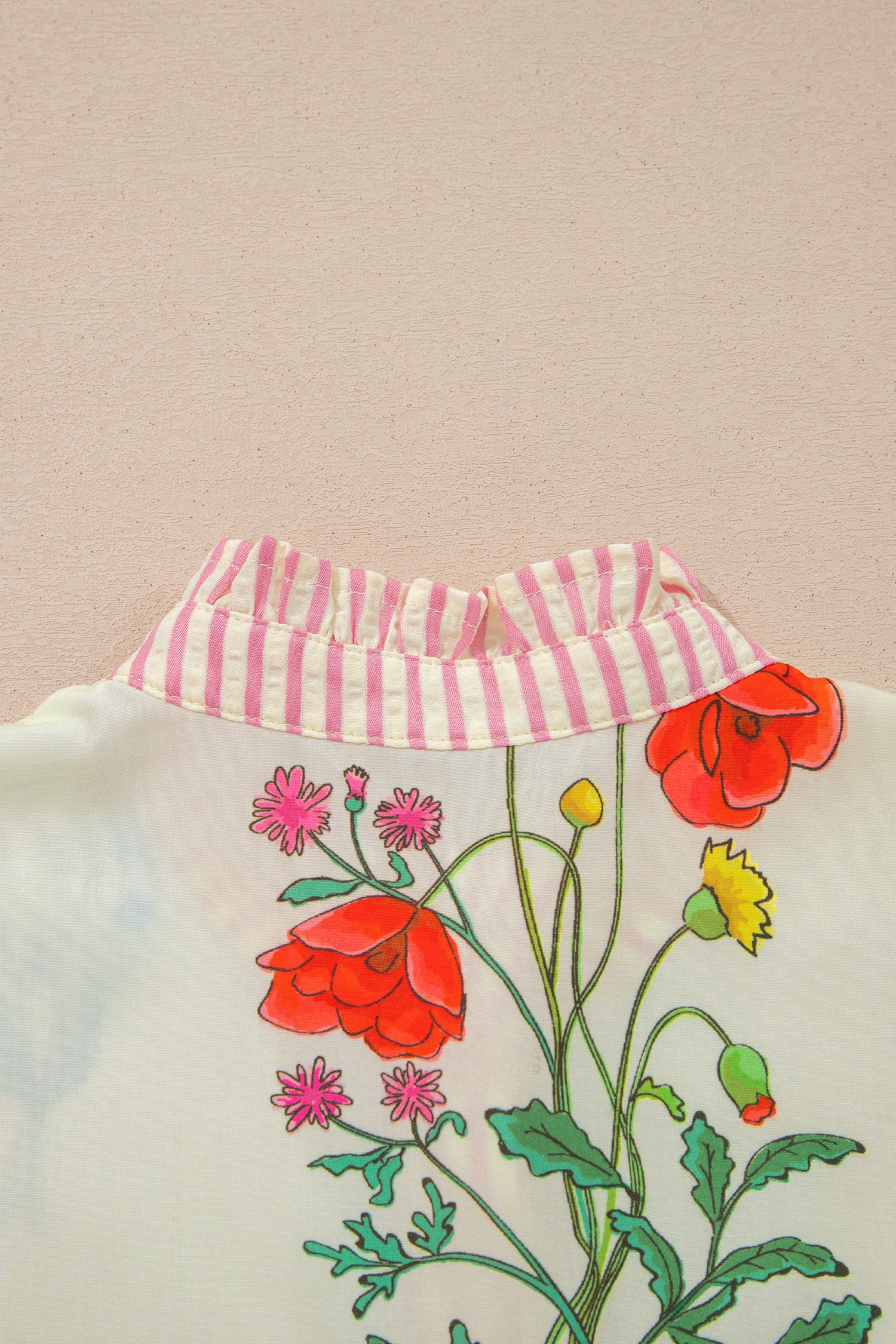 Floral Striped Ruffled Collar Shirt Short Sleeve Beige Sky Blue UK 8-22