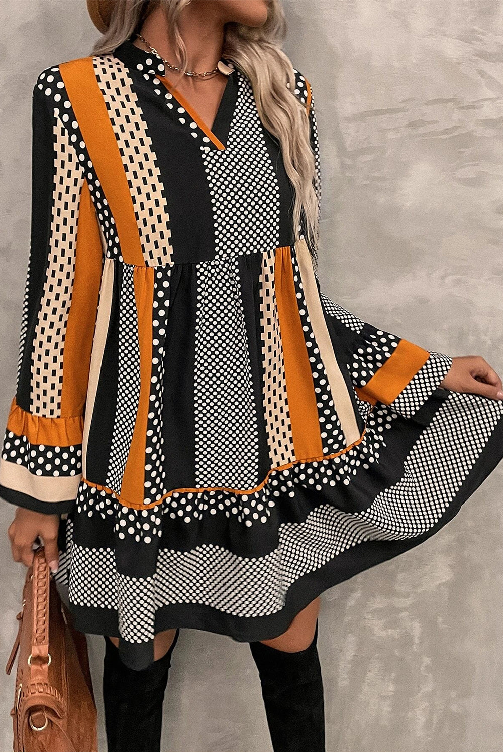 Black Striped Polka Dot Print Ruffle Hem V Neck Mini Dress S-XL