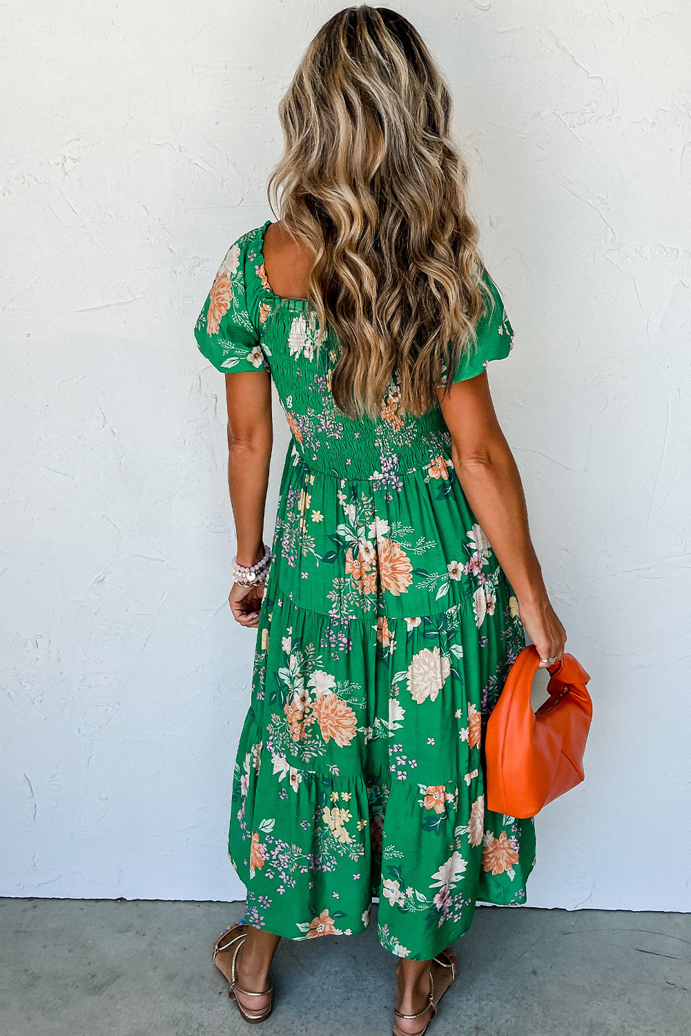 LivelyLooks Green Floral Bubble Sleeve Smocked Tiered Midi Dress women's fashion