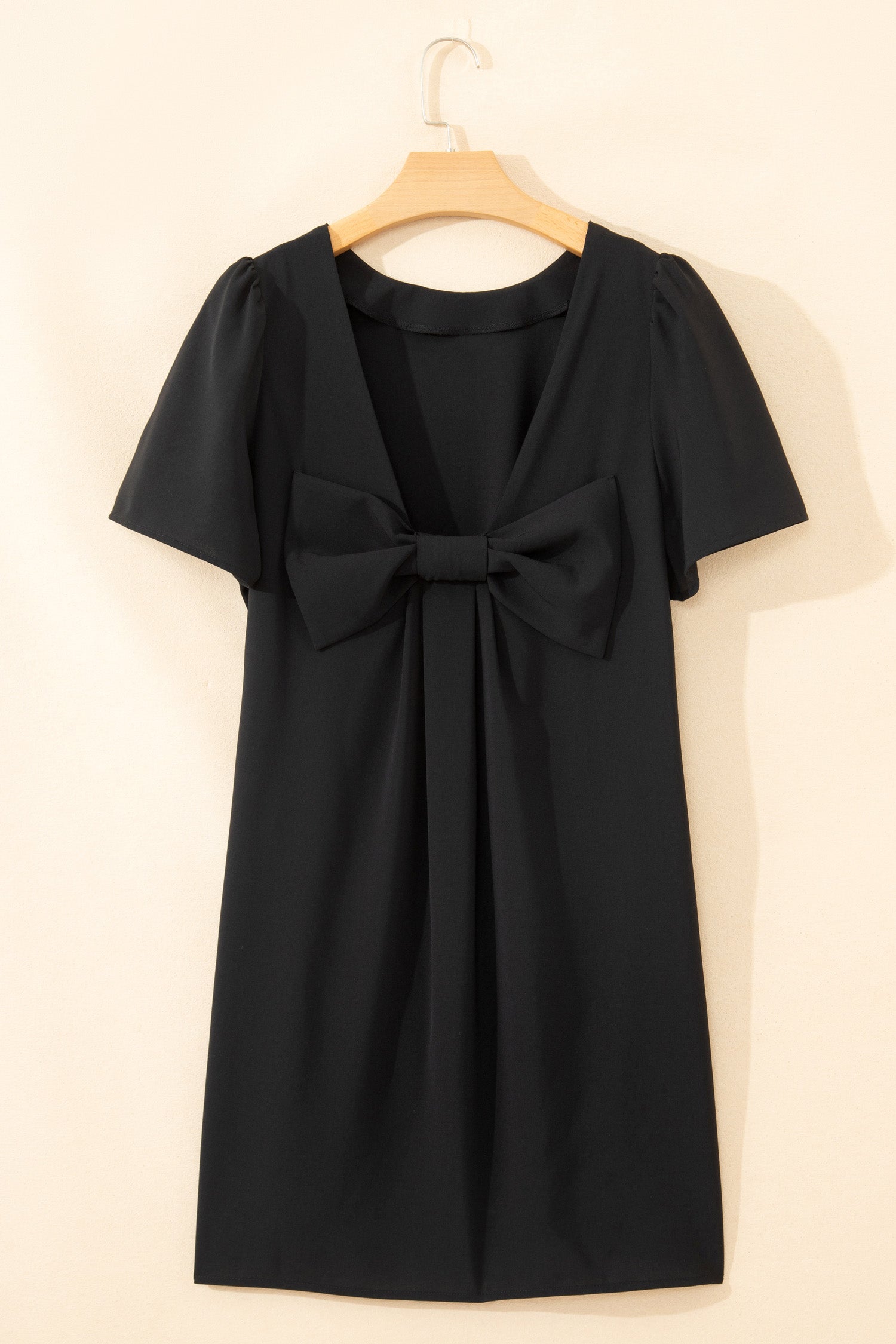 Black Bow Decor Backless Short Sleeve Shift Mini Dress S-XL