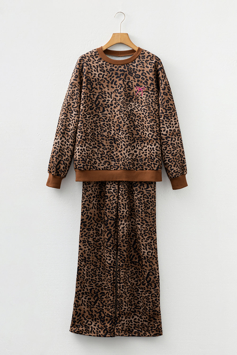 Coffee Leopard Print Contrast Trim Long Sleeve Top & Pants Set | UK 8–22