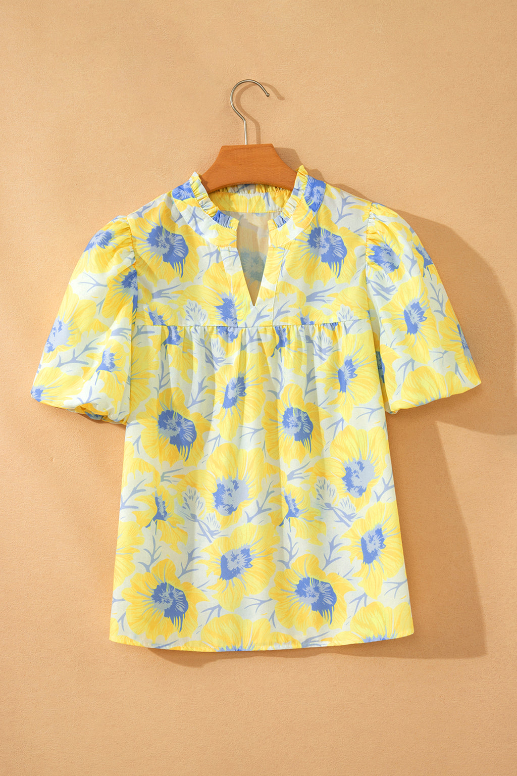 Women's Yellow Short Bubble Sleeve Summer Floral Blouse at LivelyLooks