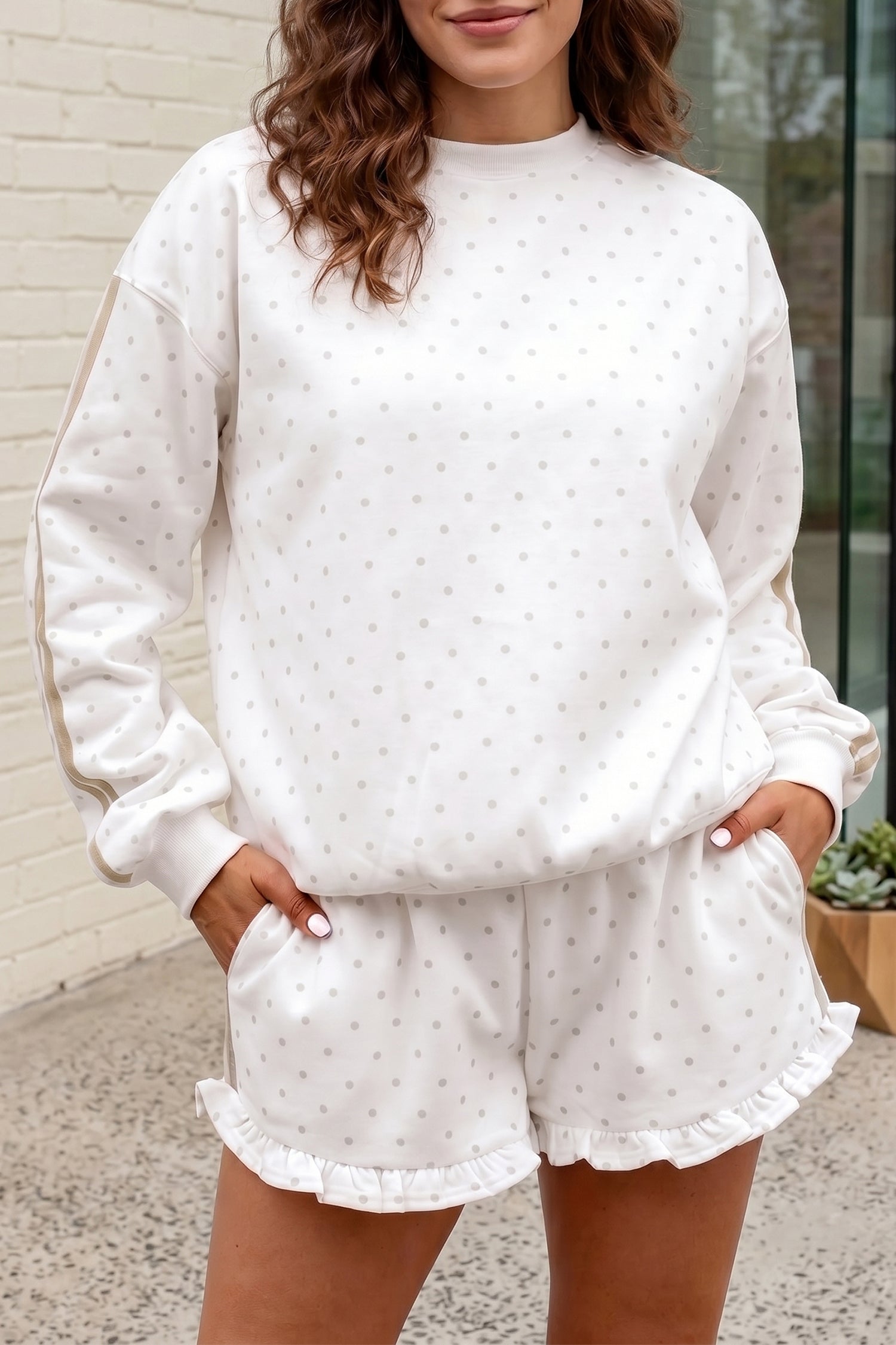 White Polka Dot Side Stripe Casual Sweatshirt & Shorts Set | UK 8–22