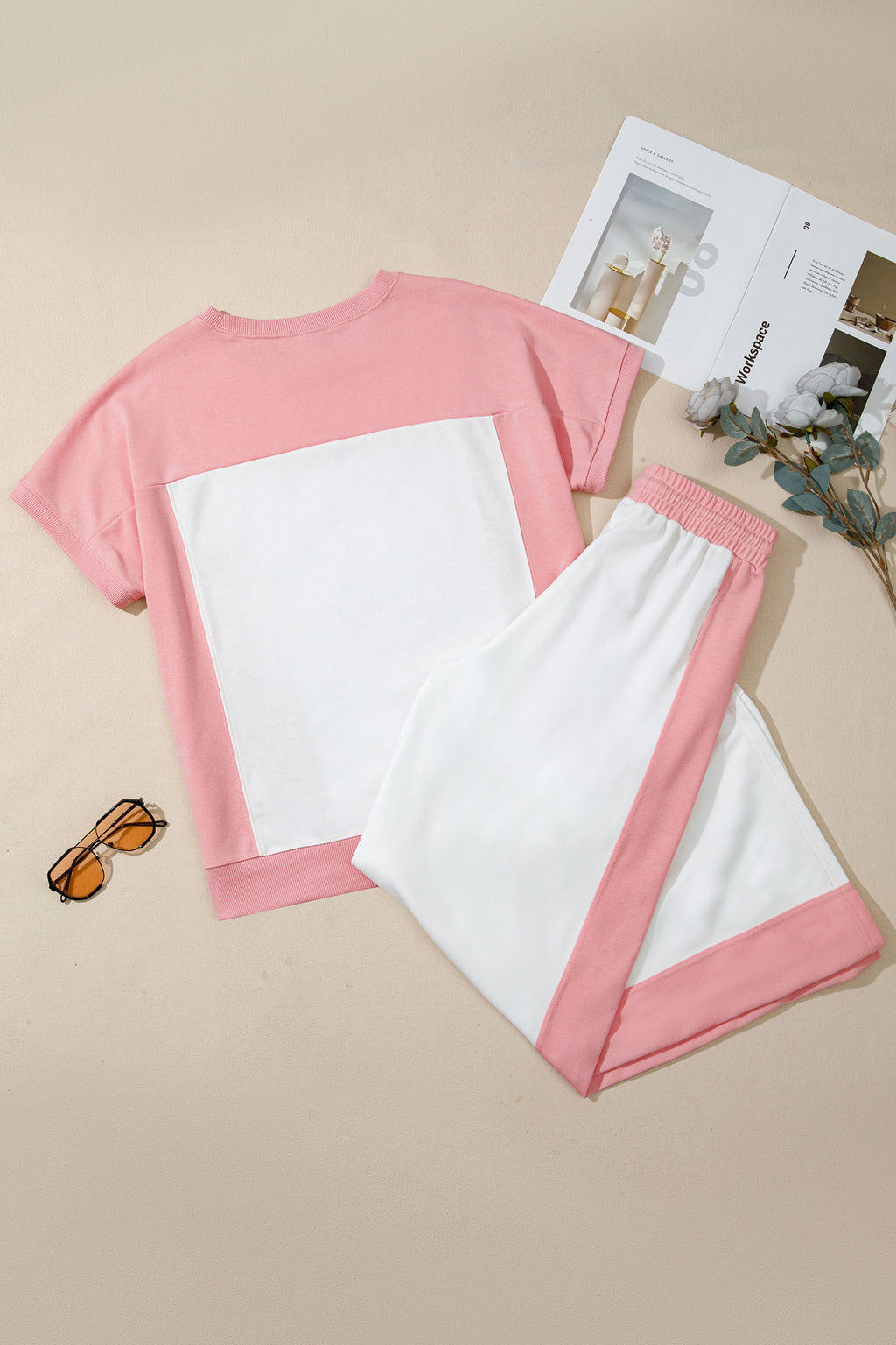 White Two-Tone Colour Block Patchwork Tee & Drawstring Loose Pant Set | UK 8–22