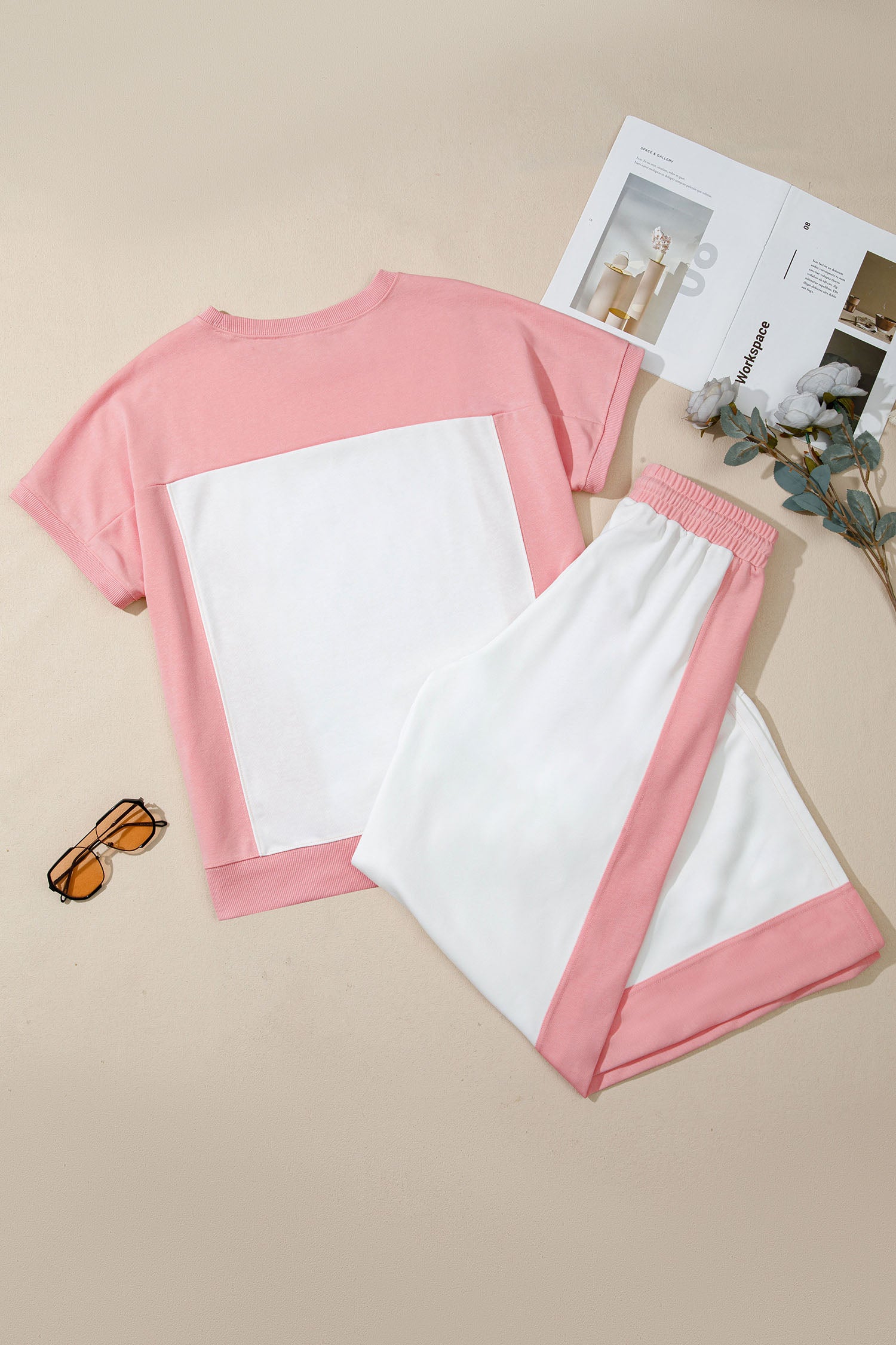 White Two-Tone Colour Block Patchwork Tee & Drawstring Loose Pant Set | UK 8–22