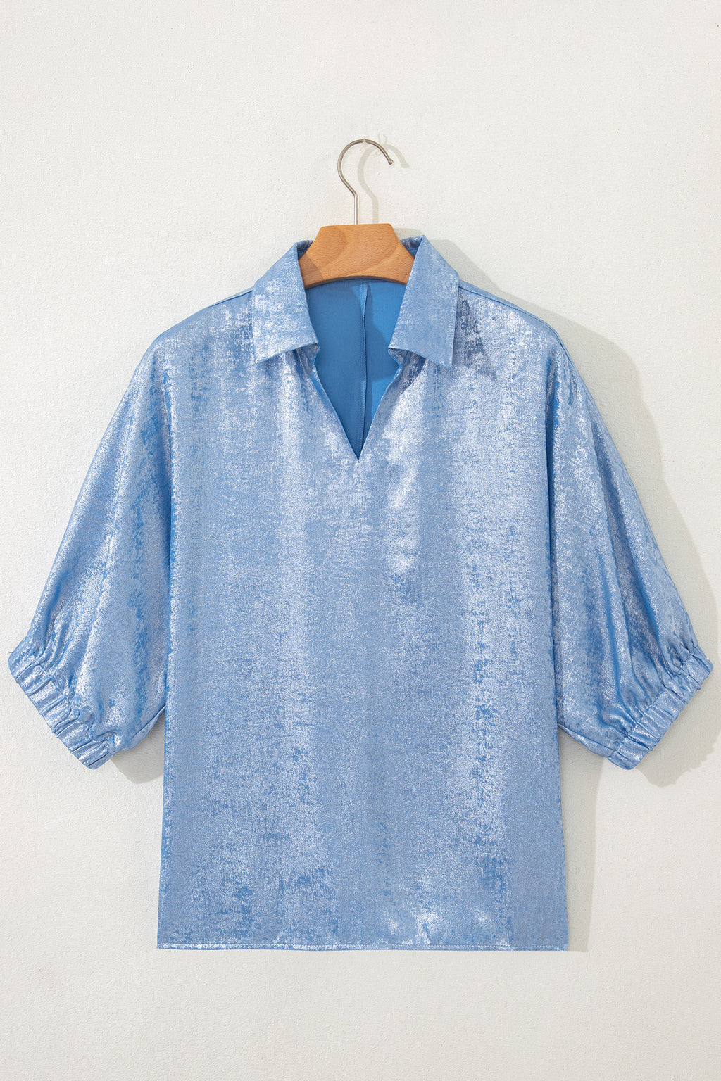 Women's Aqua Metallic Shimmer Collared V Neck Half Sleeve Top at LivelyLooks