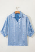 Women's Aqua Metallic Shimmer Collared V Neck Half Sleeve Top at LivelyLooks