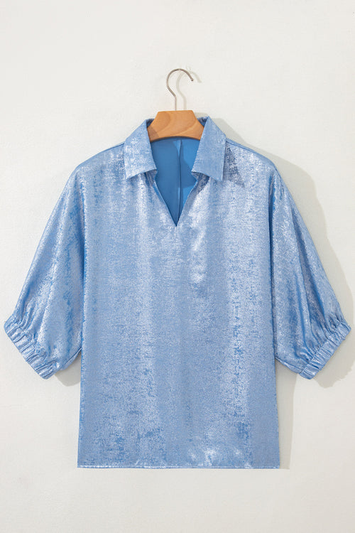 Women's Aqua Metallic Shimmer Collared V Neck Half Sleeve Top at LivelyLooks