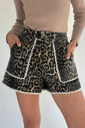 Shop Khaki Leopard Denim Shorts Scalloped Lace Trim Women S-XL at LivelyLooks