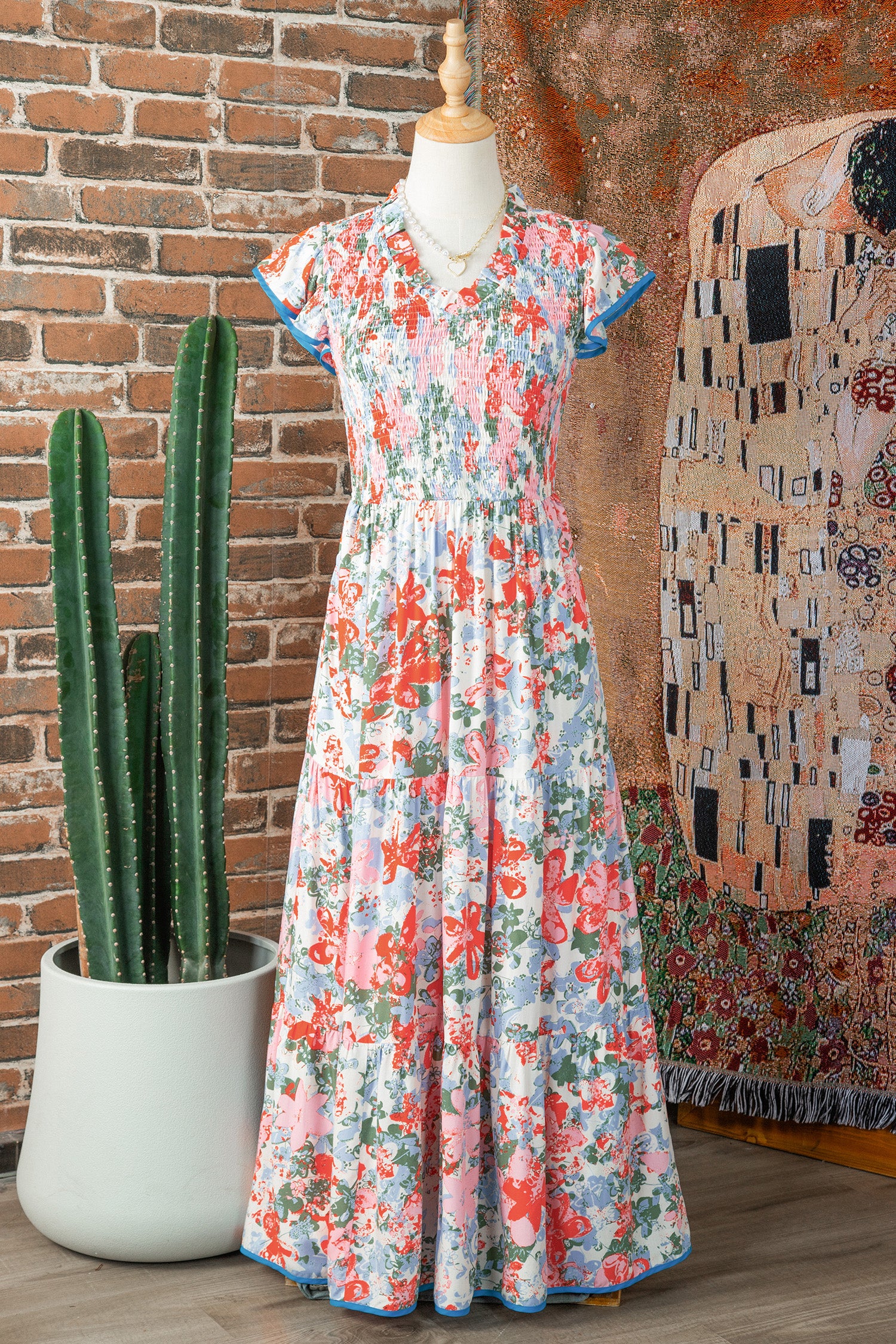 Apricot Floral Print Maxi Dress V Neck Flutter Sleeve Tiered Women S-XL