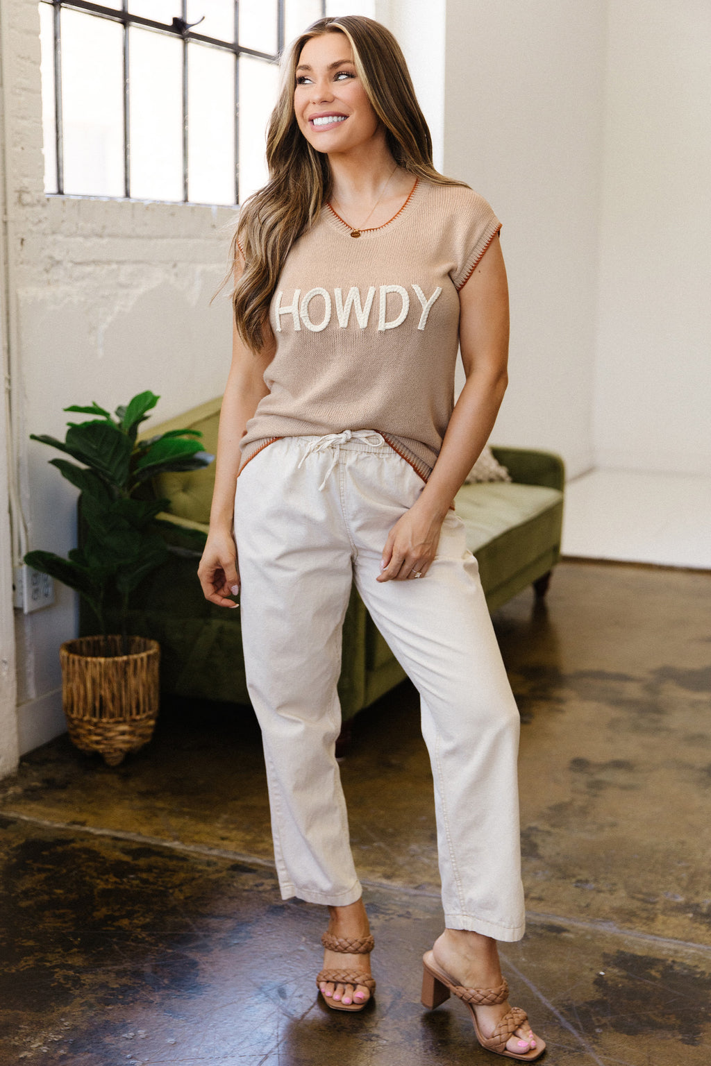 HOWDY Western Knit Sweater Contrast Trim Short Sleeve