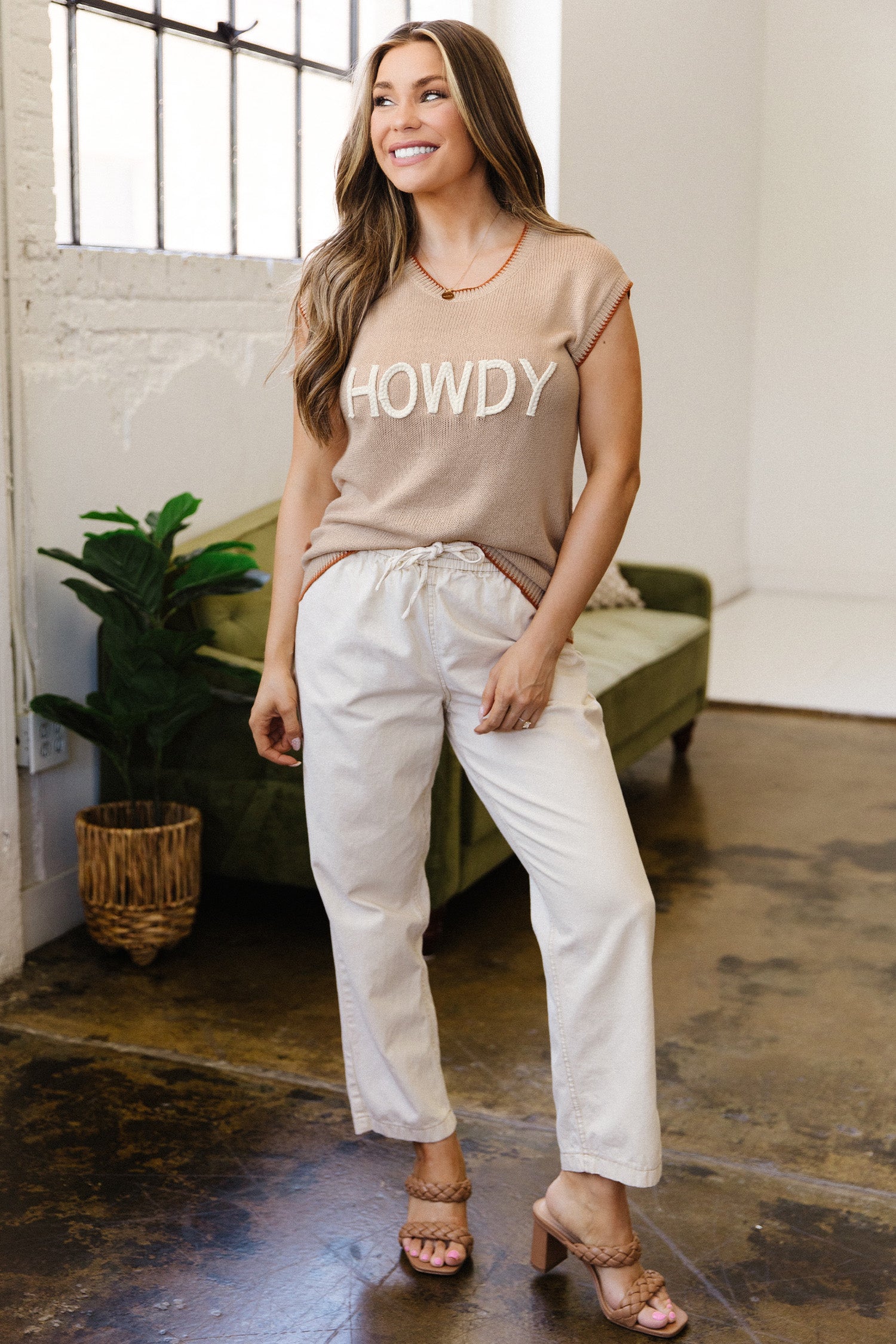 HOWDY Western Knit Sweater Contrast Trim Short Sleeve