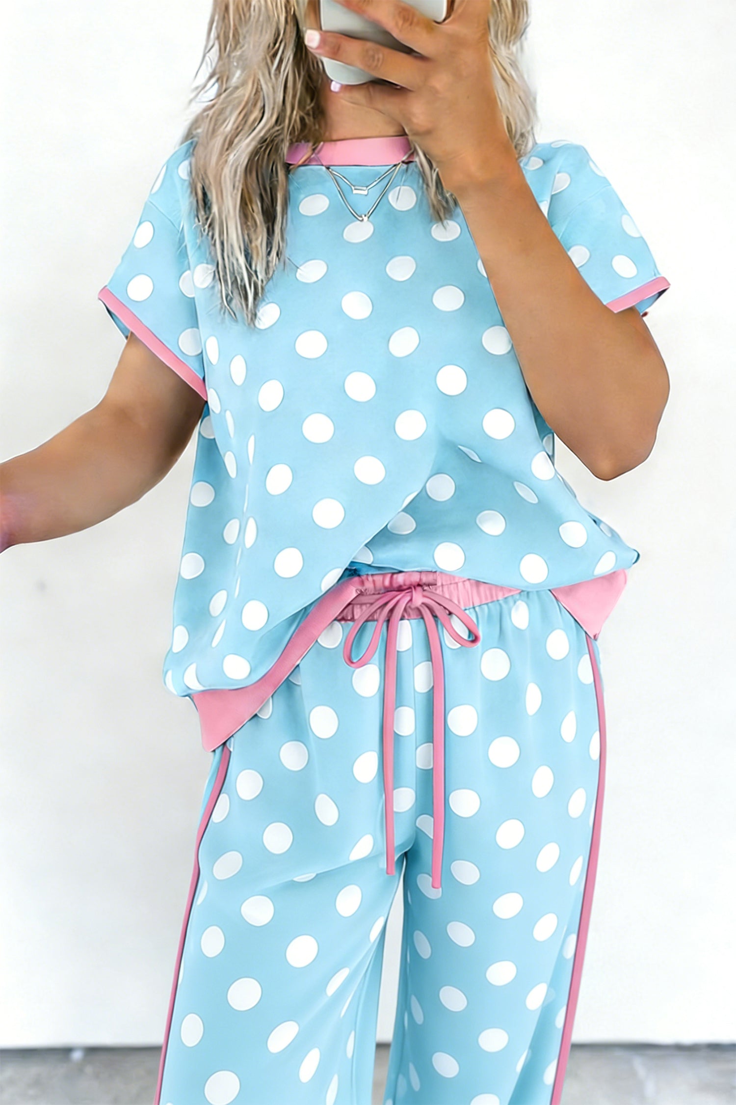 Sky Blue Polka Dot Short Sleeve Top & Wide Leg Trouser Set