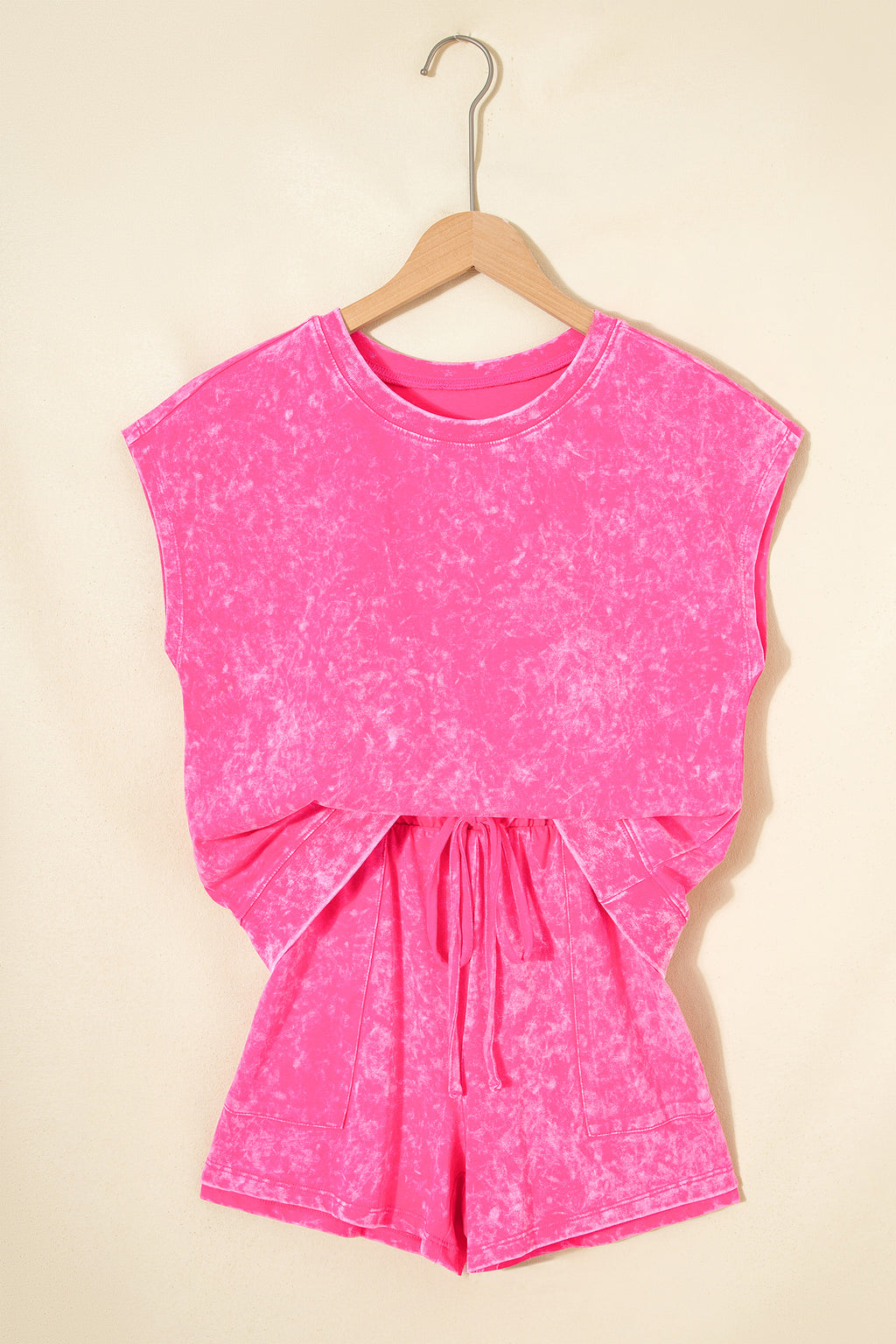 LivelyLooks Women's Mineral Wash Cotton Crew Neck Tee & Shorts Set Pink S-XL women's fashion