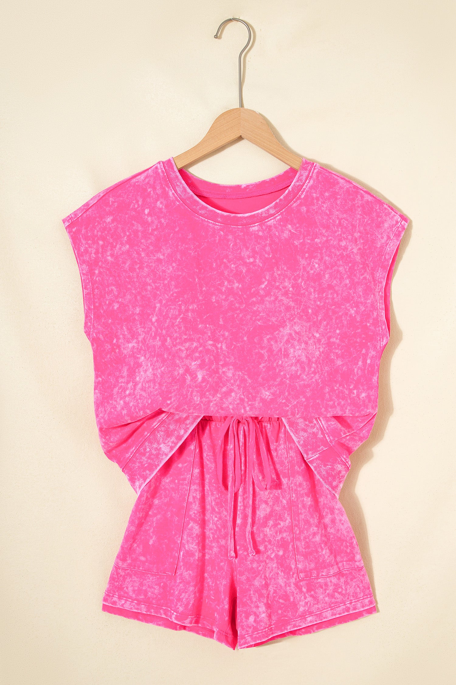 LivelyLooks Women's Mineral Wash Cotton Crew Neck Tee & Shorts Set Pink S-XL women's fashion