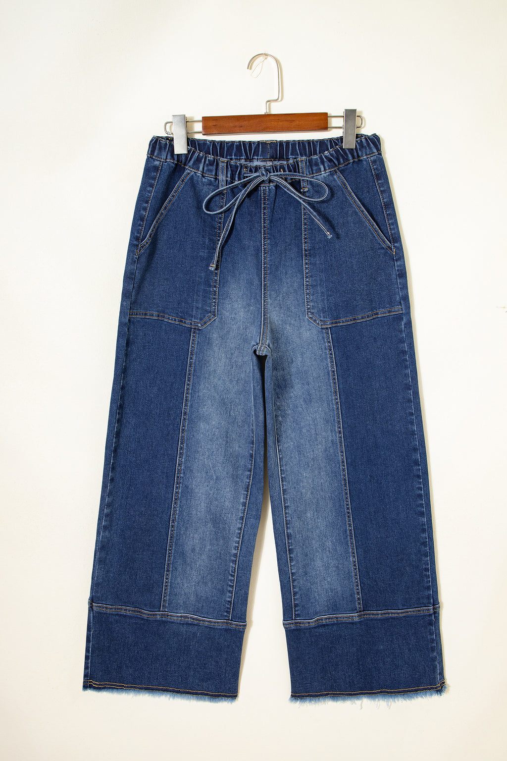 Shop Drawstring Seam Detail Raw Hem Wide Leg Denim Jeans UK 8-22 at LivelyLooks