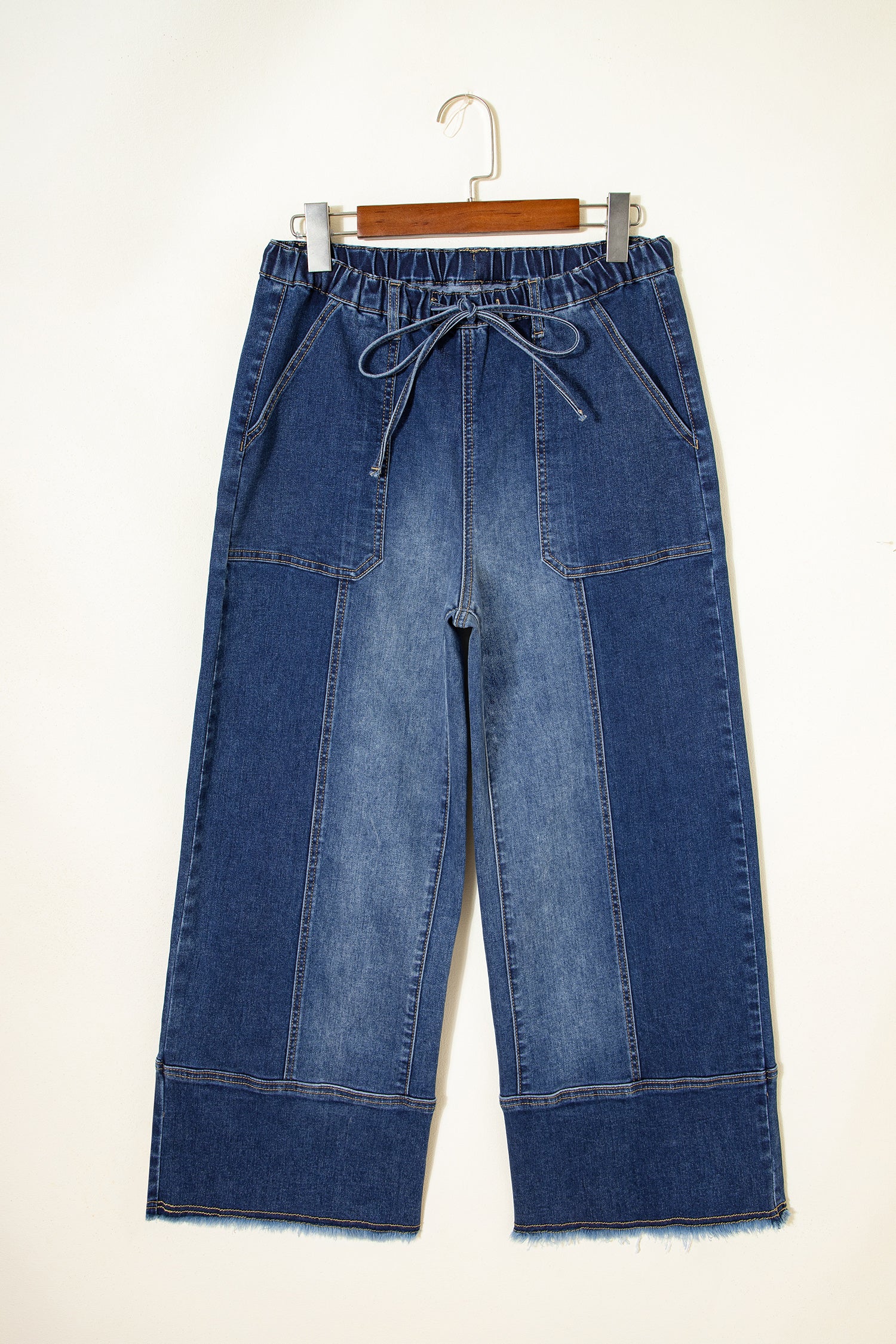 Shop Drawstring Seam Detail Raw Hem Wide Leg Denim Jeans UK 8-22 at LivelyLooks