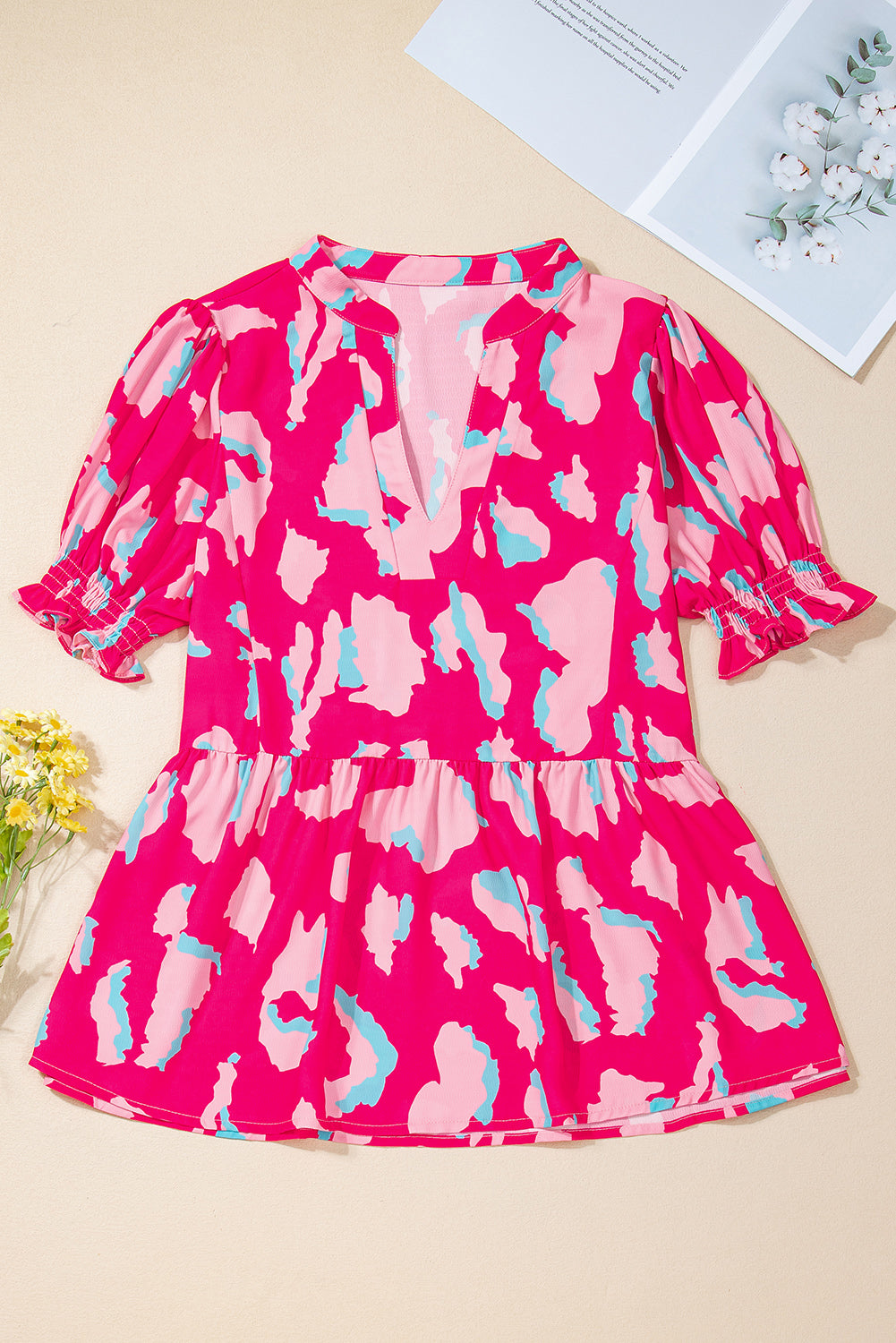 Women's Pink Abstract Print Smocked Puff Sleeve V Neck Blouse Summer Boho Holiday Top at LivelyLooks
