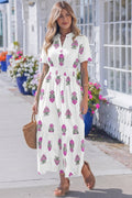 Floral Print Split Neck Shirred High Waist Ruffle Hem Maxi Dress | White & Green | UK 8–22