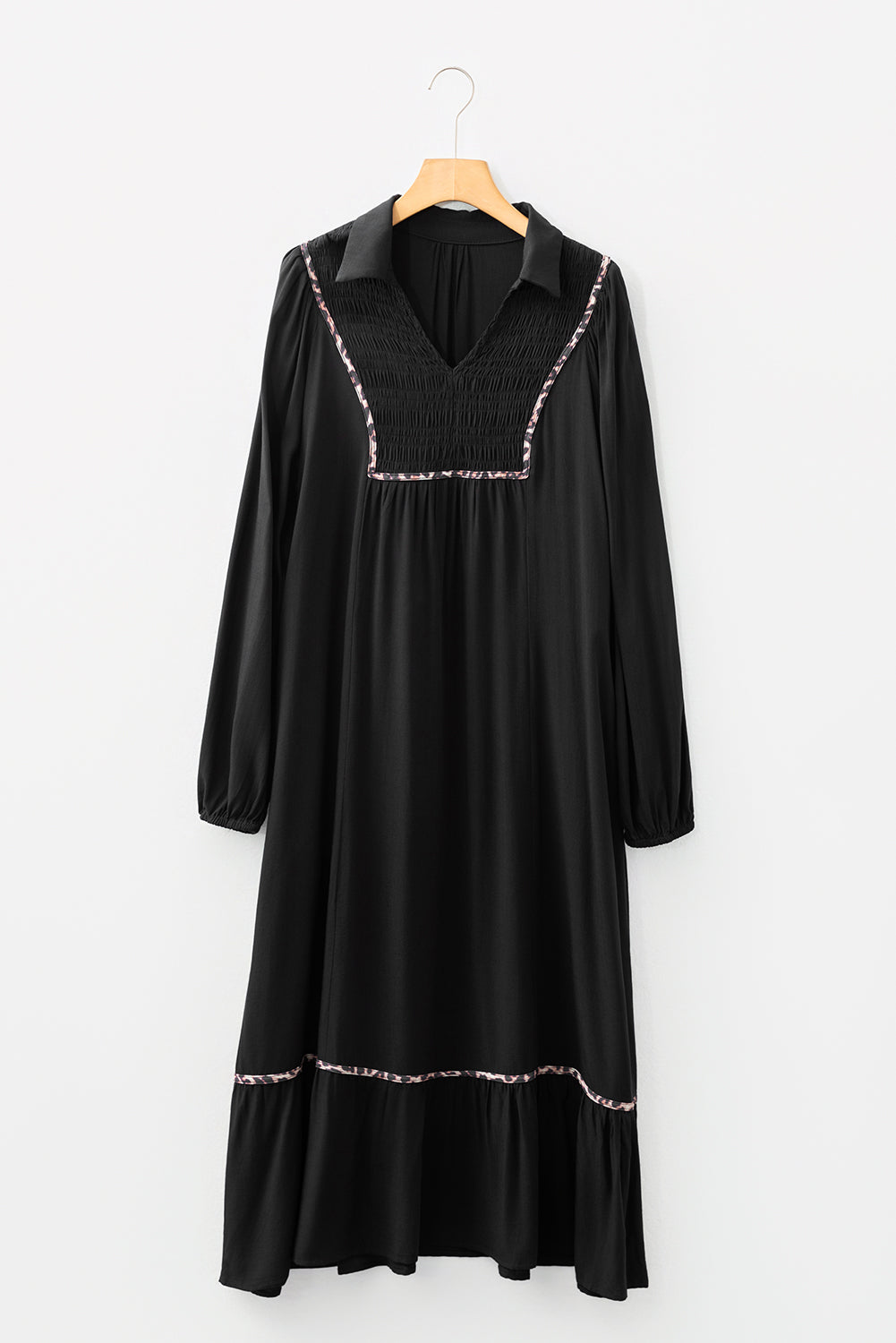 Women's Black Collared V Neck Smocked Detail Contrast Leopard Trim Bracelet Sleeve Long Dress at LivelyLooks