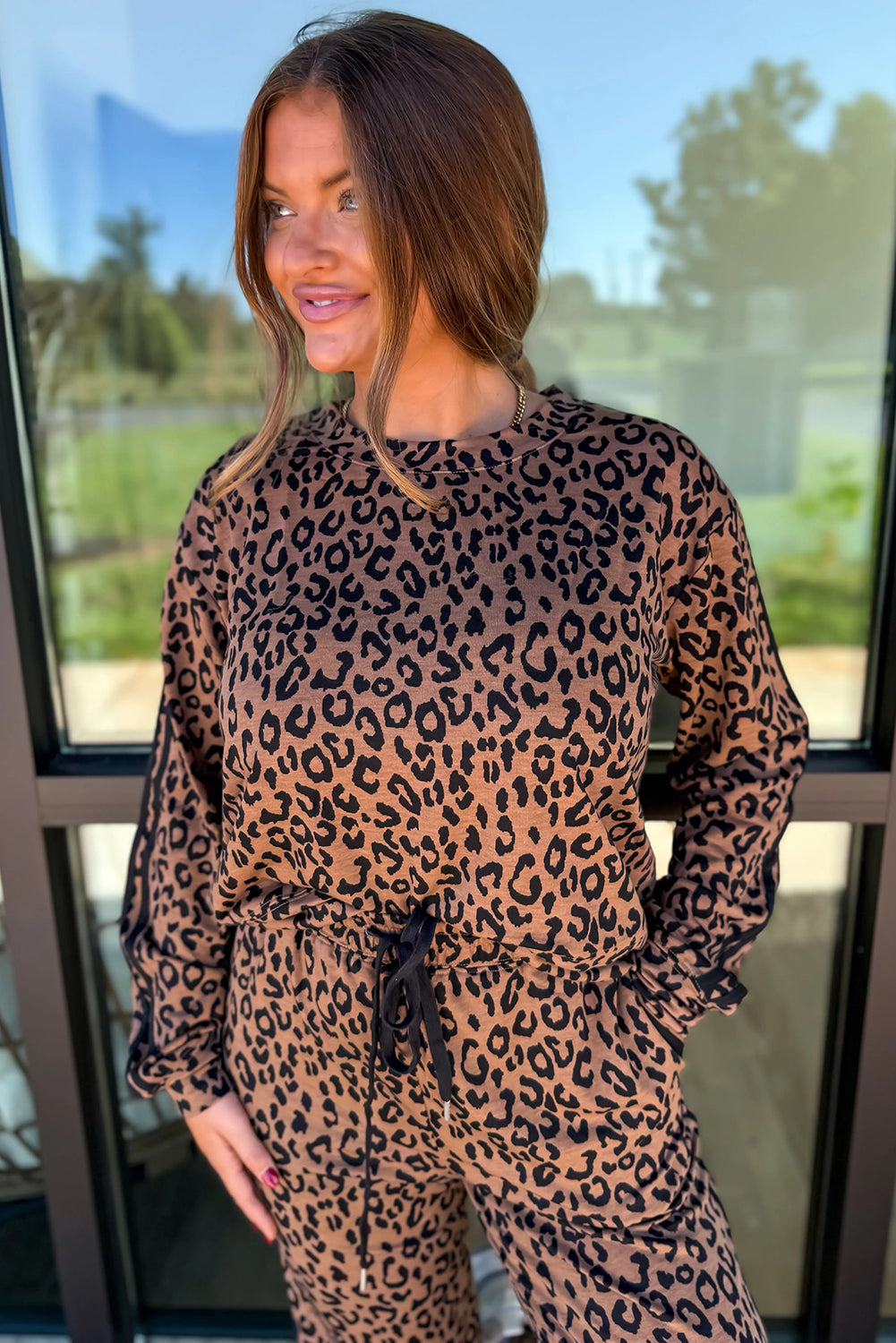 Brown Varsity Stripe Leopard Print Long Sleeve Top & Drawstring Trouser Set
