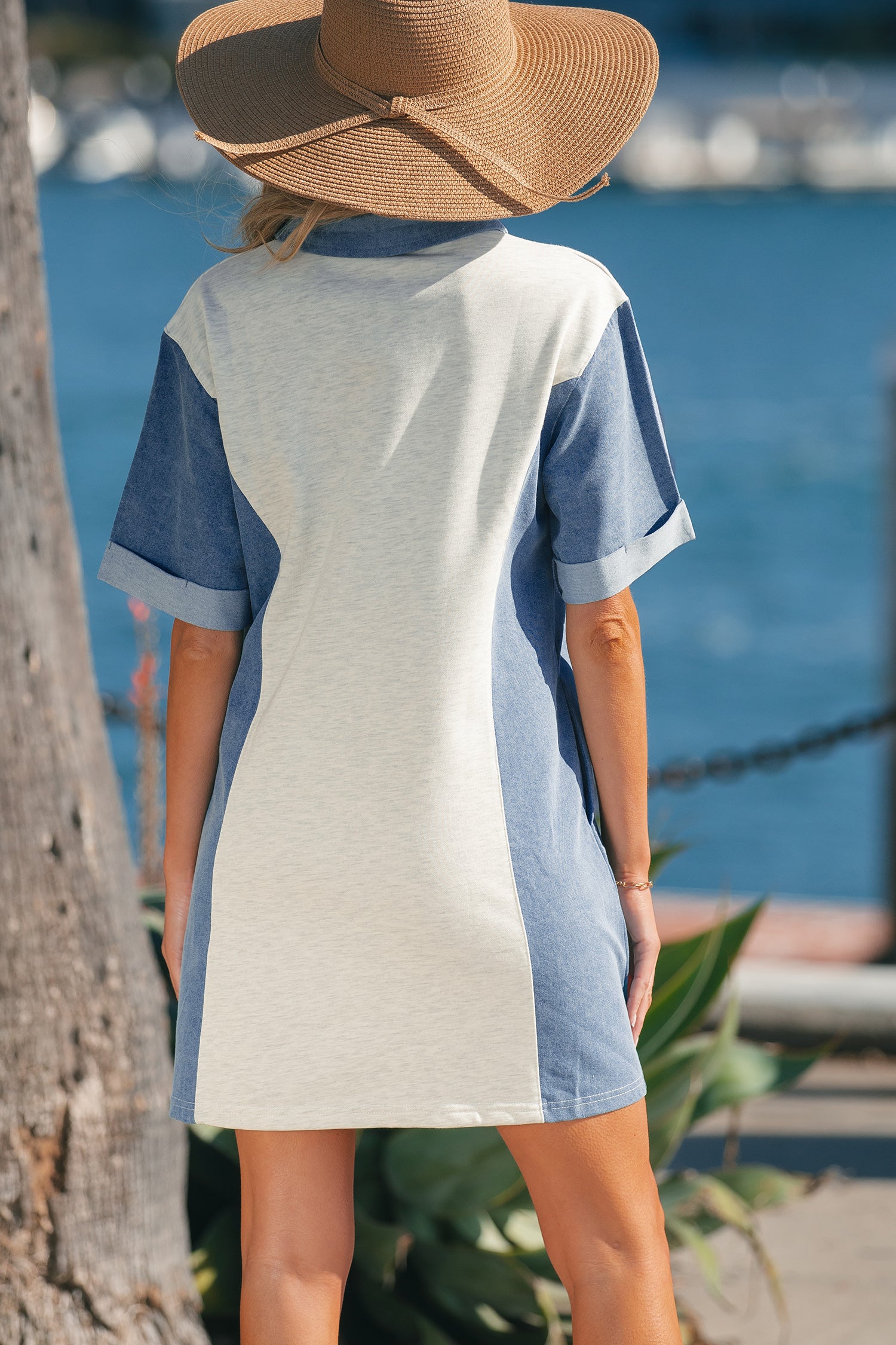 Light Grey Denim Colour Block Polo Collar T-Shirt Tunic Dress S-XL