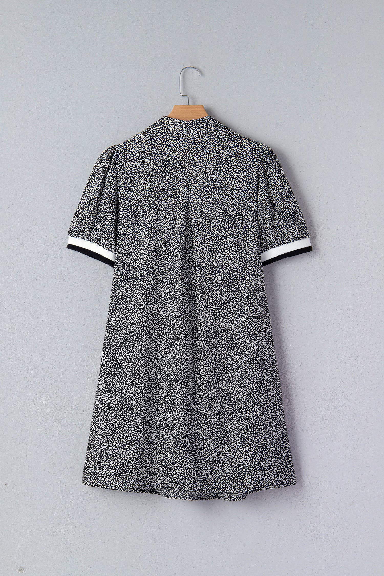 Women's Black Leopard Print Contrast Striped Trim Polo Collar Short Sleeve Dress with Pockets at LivelyLooks