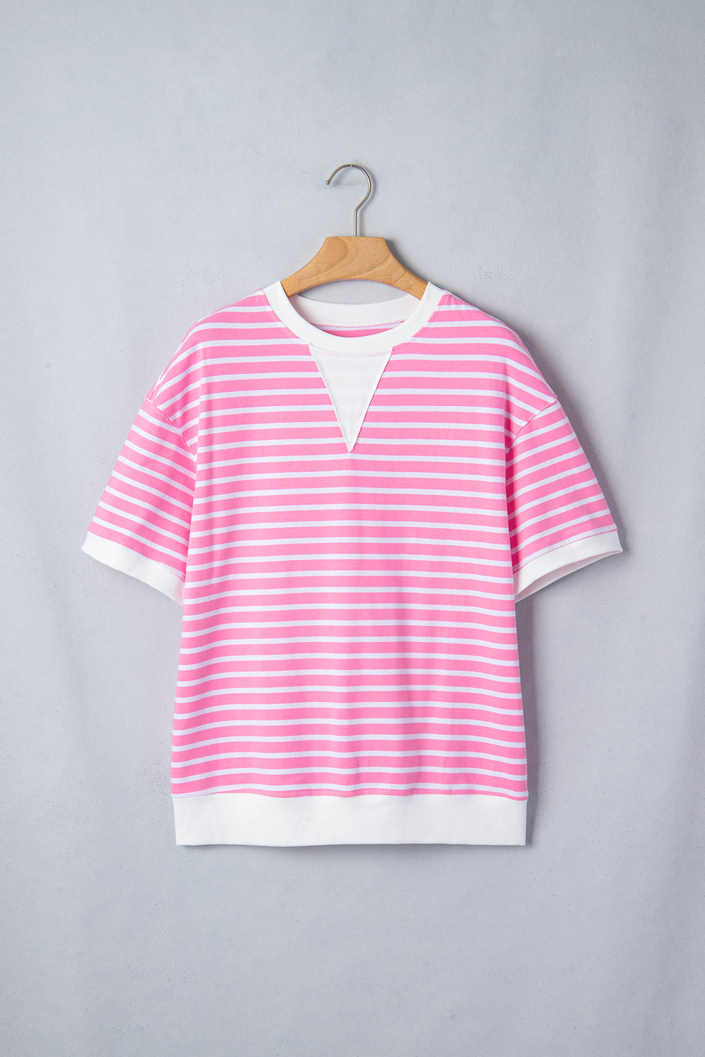 Pink Stripe Drop Shoulder Loose Round Neck Top