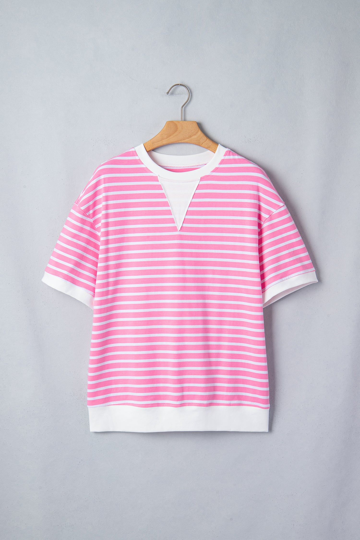 Pink Stripe Drop Shoulder Loose Round Neck Top