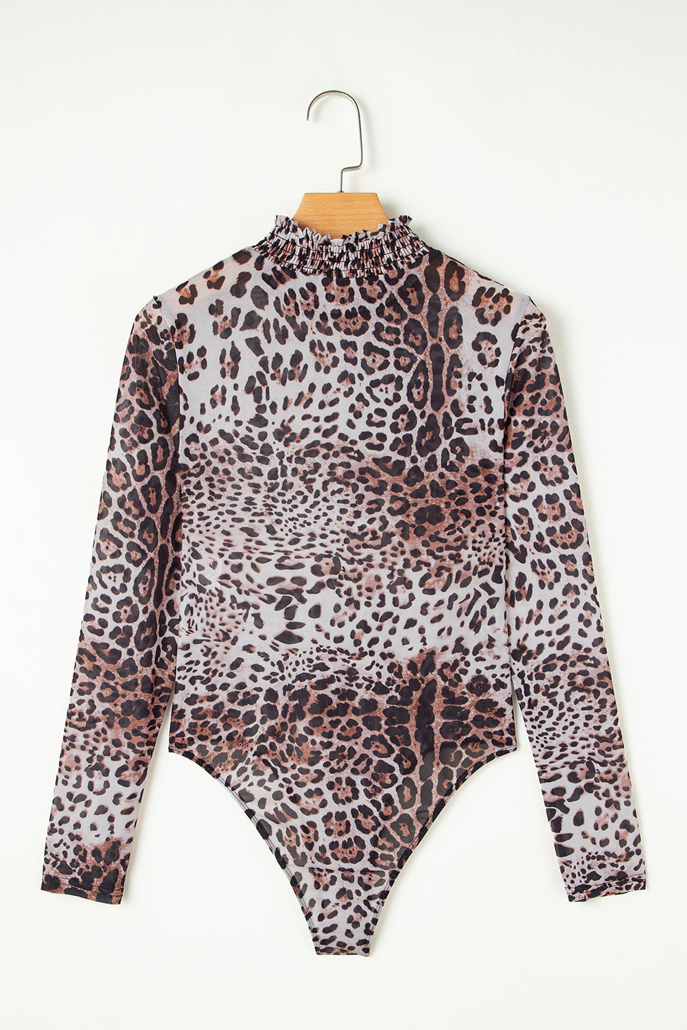 Brown Leopard Print Bodysuit Smocked Neck Mesh Long Sleeve Women S-XL