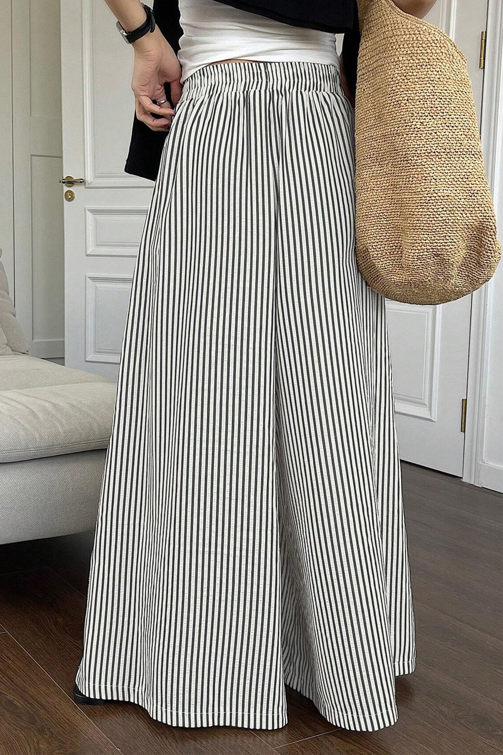 Women's Black Stripe Elastic Waist Ultra Wide Leg Trousers | UK Sizes 8-18 at LivelyLooks