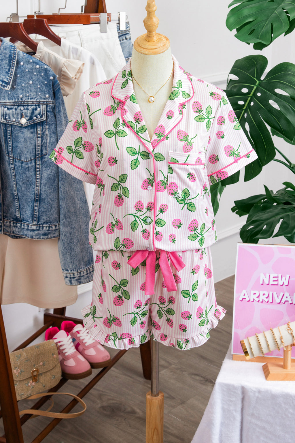 Women's Pink Strawberry Stripe Pyjama Set Short Sleeve Shirt & Shorts at LivelyLooks