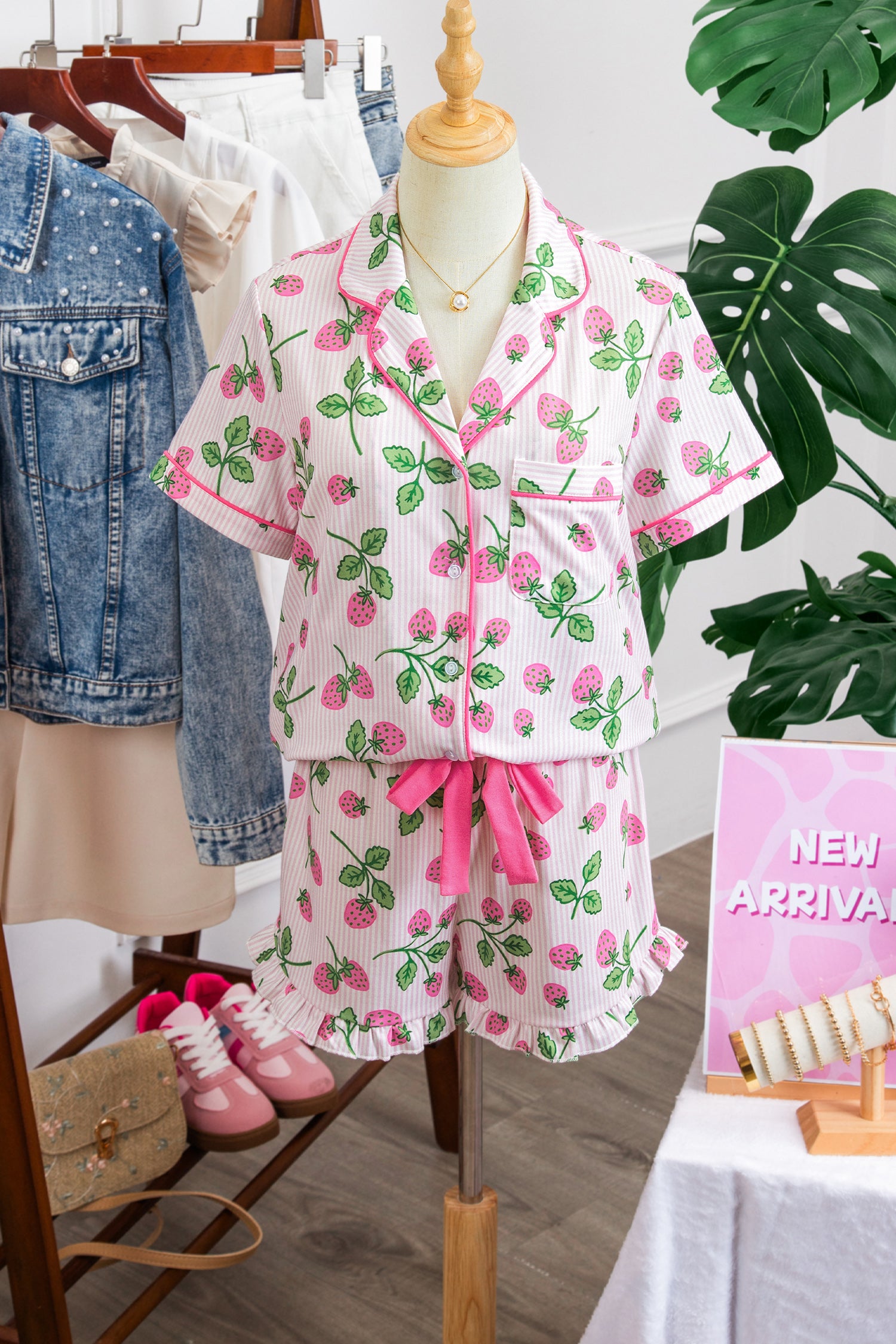 Women's Pink Strawberry Stripe Pyjama Set Short Sleeve Shirt & Shorts at LivelyLooks