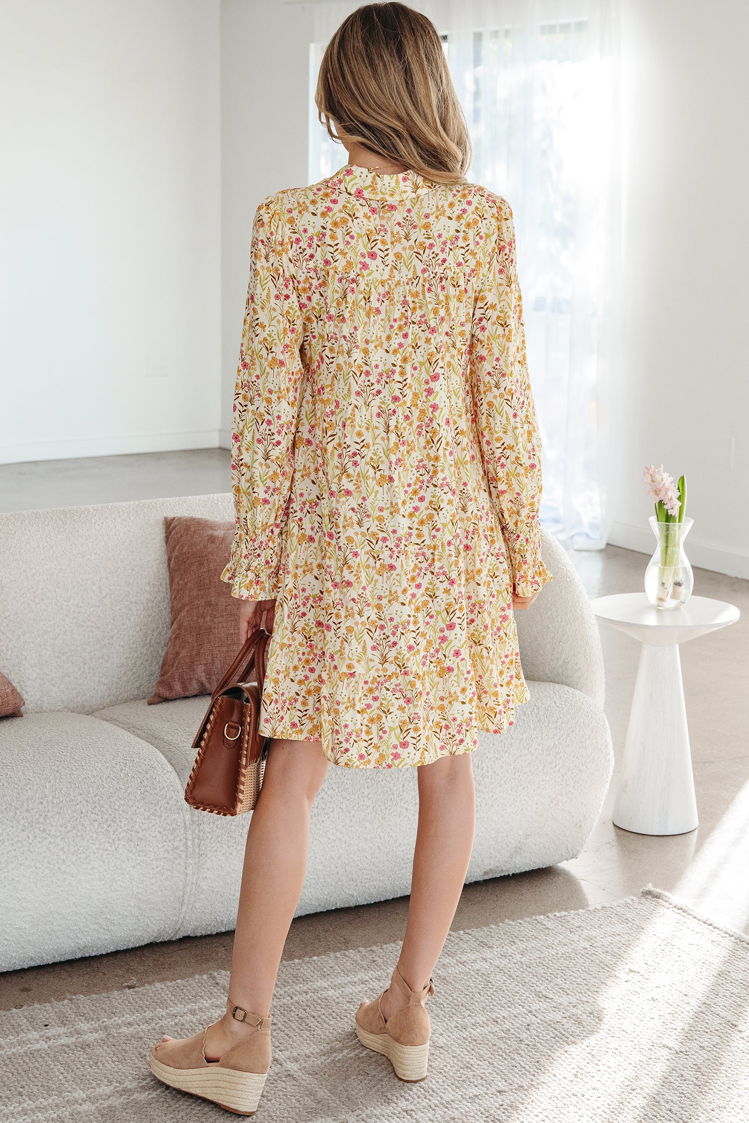 Yellow Floral Print Smocked Cuff Long Sleeve Loose Shirt Mini Dress | UK 8-22