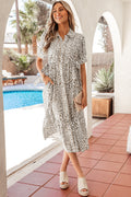 LivelyLooks White Leopard Contrast Trim Button Front Short Puff Sleeve Long Dress Maxi Sundress women's fashion