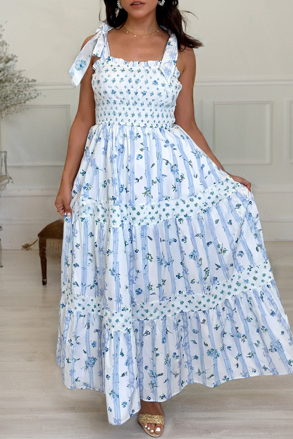 Women's Blue Floral Smocked Tied Straps A-Line Tiered Maxi Dress S-XL at LivelyLooks
