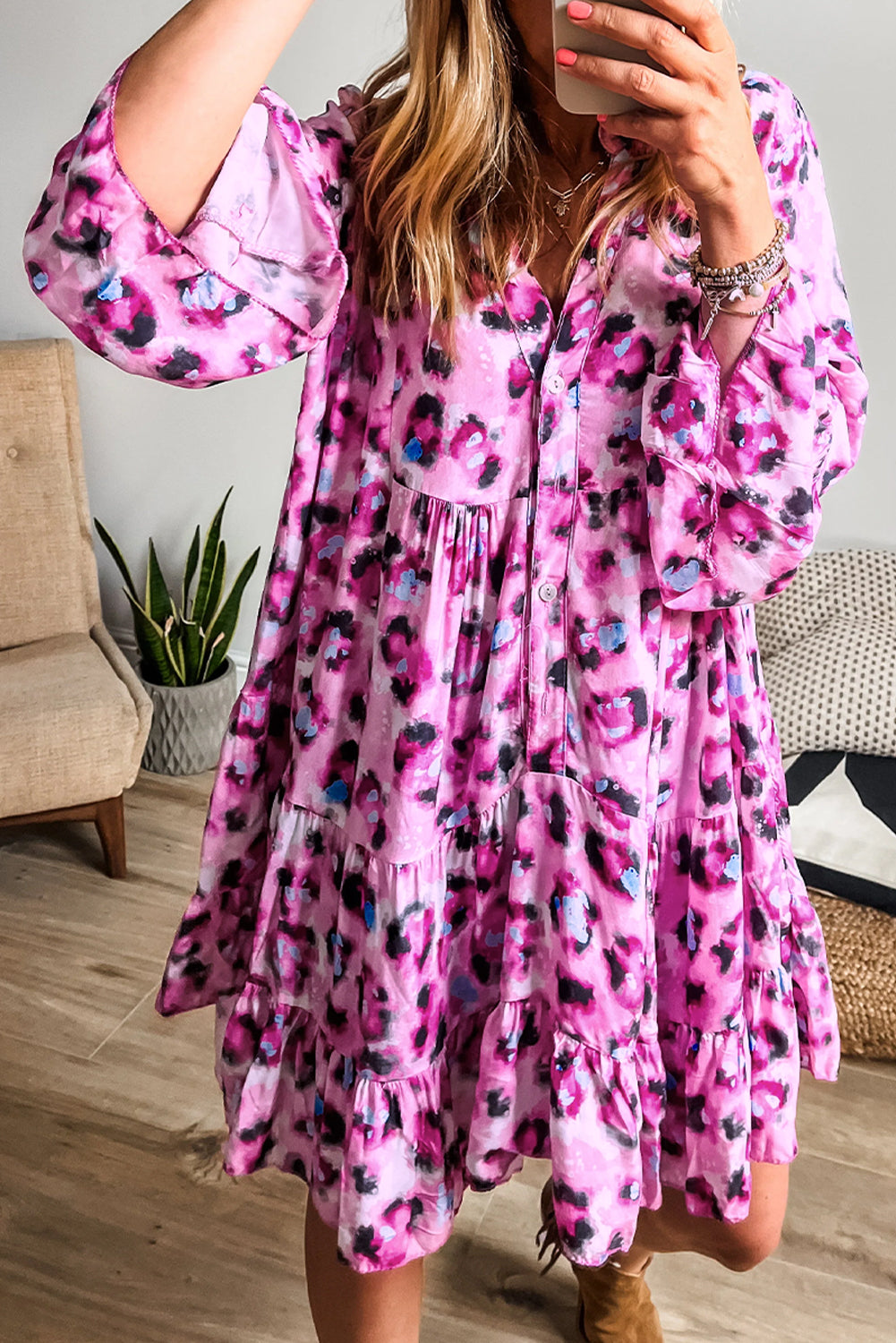 Women's Rose Leopard Print Buttoned Front 3/4 Sleeve Tiered Ruffle Hem Dress at LivelyLooks