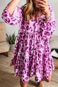Women's Rose Leopard Print Buttoned Front 3/4 Sleeve Tiered Ruffle Hem Dress at LivelyLooks