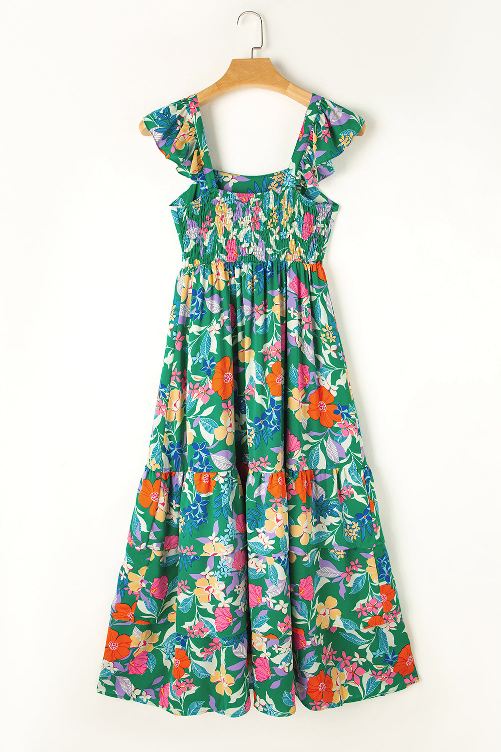 Women's Green Floral Print Sleeveless Ruffle Tiered Maxi Dress at LivelyLooks