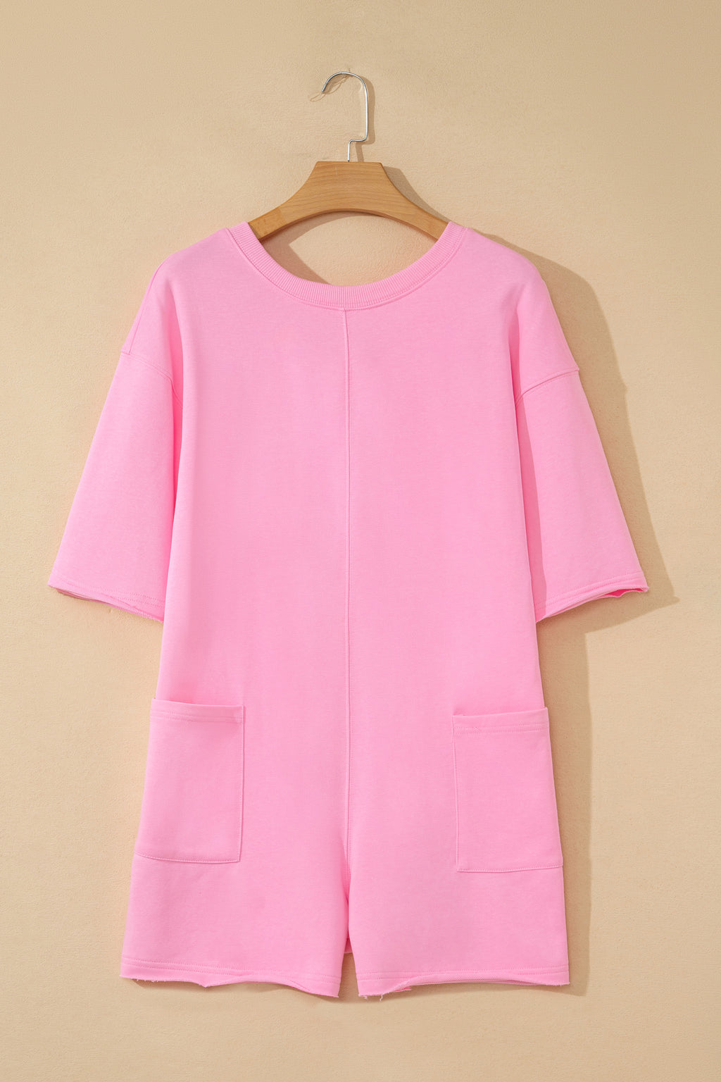 Women's Solid Colour Raw Edge Half Sleeve Pocketed Loose Romper | Green, Pink & Red | UK 8-22 at LivelyLooks