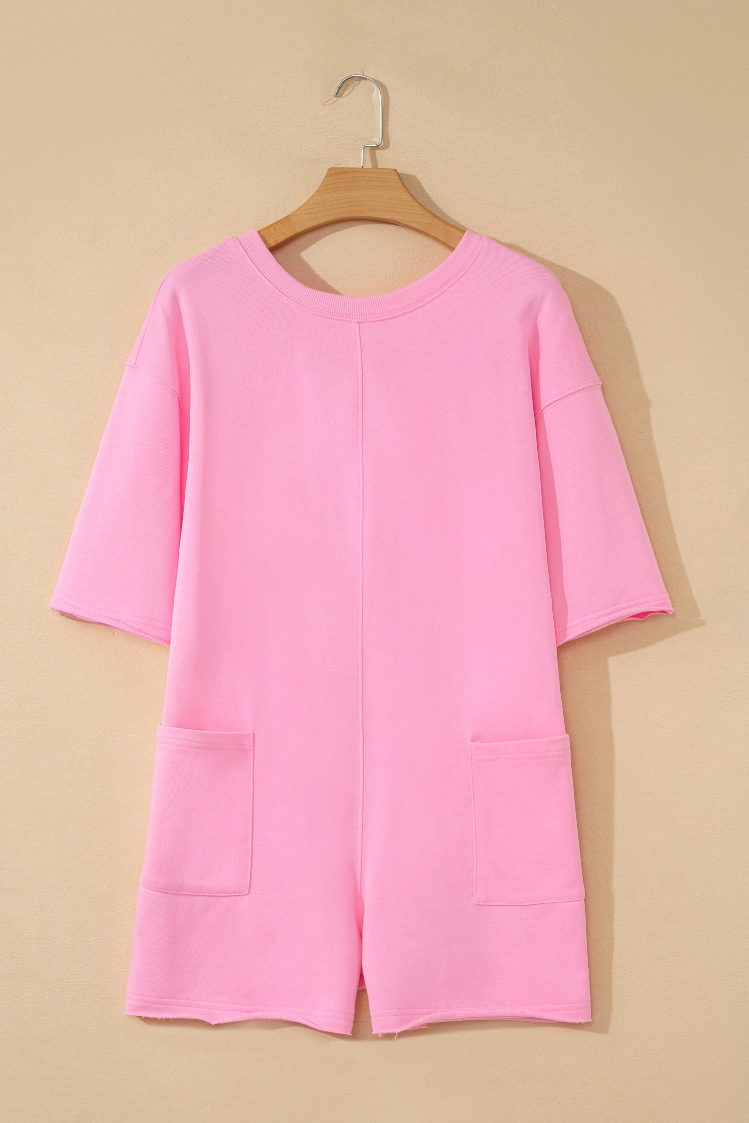 Women's Solid Colour Raw Edge Half Sleeve Pocketed Loose Romper | Green, Pink & Red | UK 8-22 at LivelyLooks