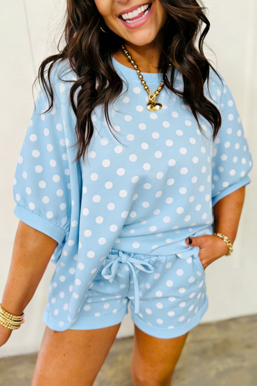 Polka Dot Oversized Top & Shorts Co-ord Set | Beige Pink Blue Green