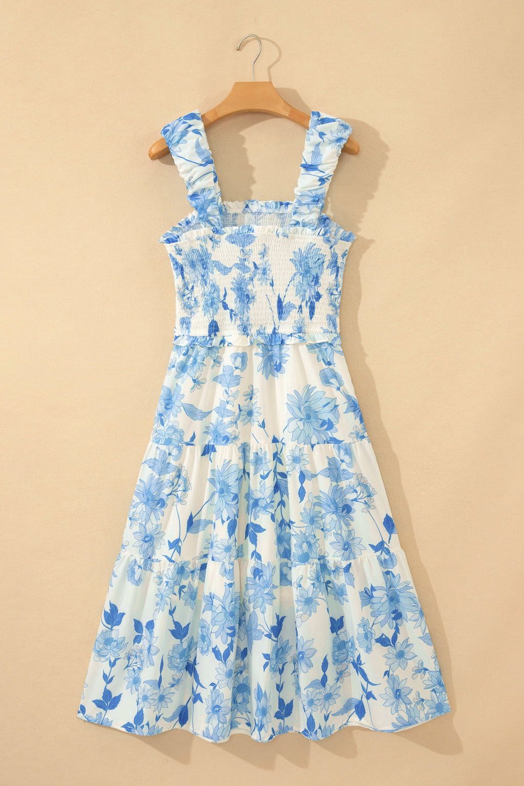 Sky Blue Floral Smocked Maxi Dress Ruffled Straps High Waist S-XL