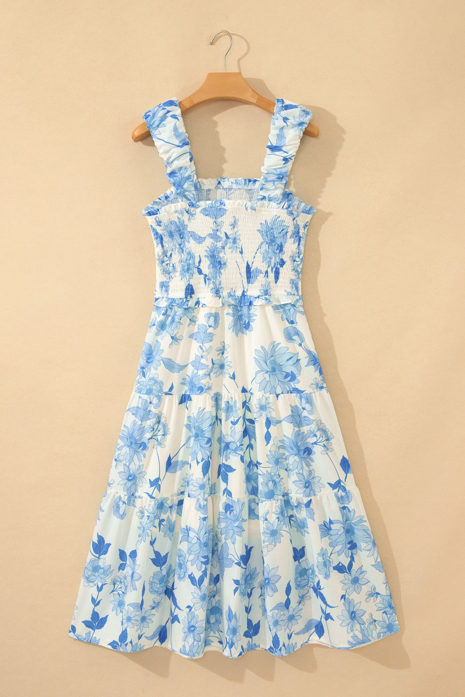 Sky Blue Floral Smocked Maxi Dress Ruffled Straps High Waist S-XL
